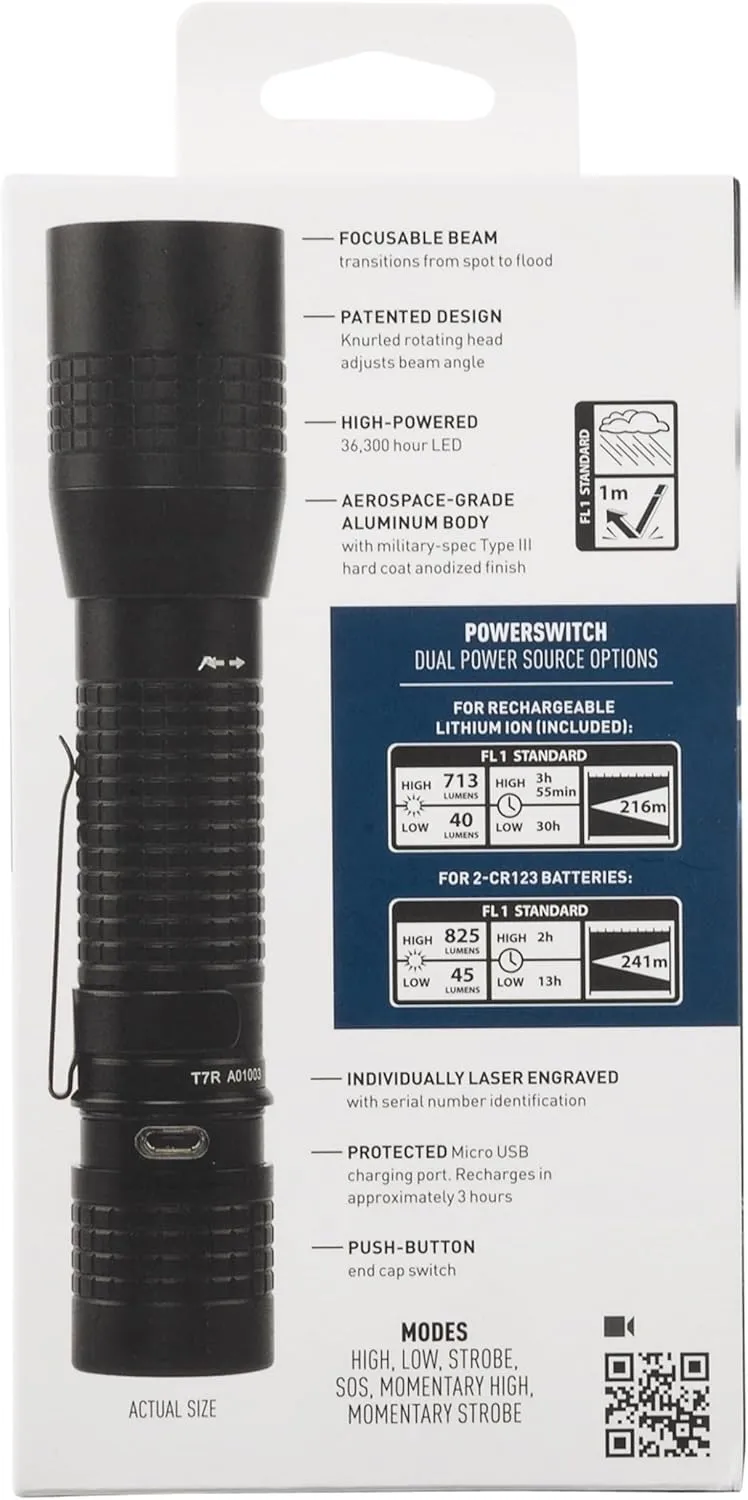 Nite Ize INOVA T7R PowerSwitch Rechargeable Focusing Flashlight - Tactical PowerSwitch LED Flashlight for First Responders