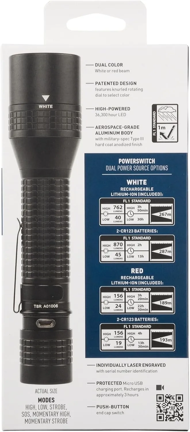 Nite Ize INOVA T8R PowerSwitch Rechargeable Dual Color Flashlight - Tactical LED Flashlight for First Responders & Law