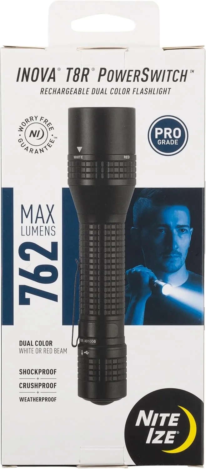 Nite Ize INOVA T8R PowerSwitch Rechargeable Dual Color Flashlight - Tactical LED Flashlight for First Responders & Law