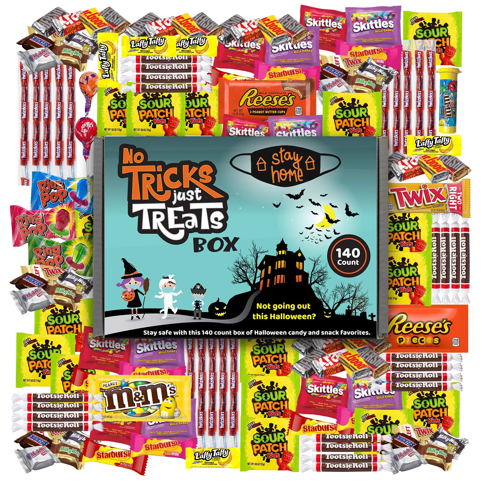 No Tricks, Just Treats Halloween Candy Box, 140 Count of Individually Wrapped Candies - A Variety of Reese's, M&M's