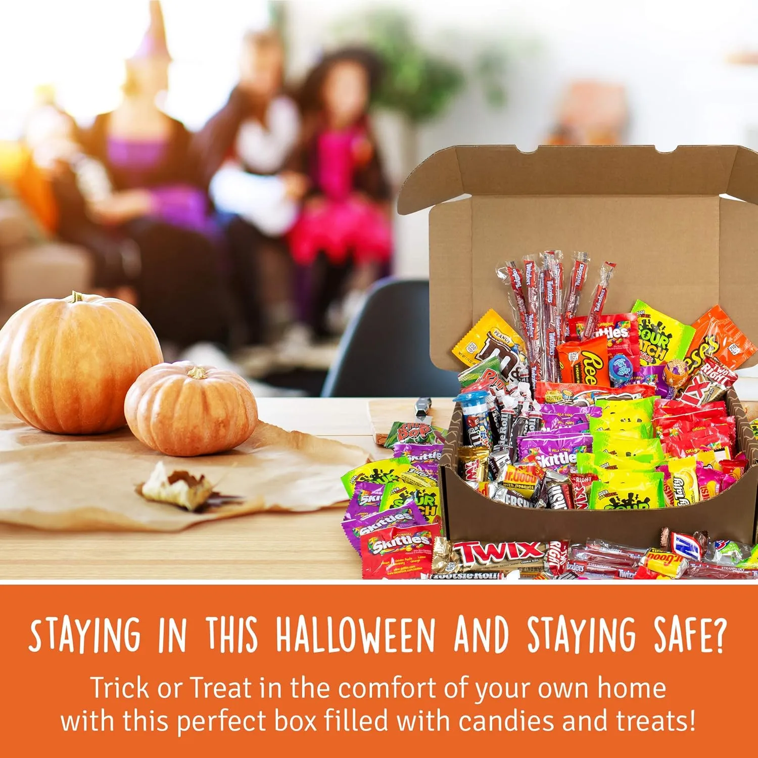 No Tricks, Just Treats Halloween Candy Box, 140 Count of Individually Wrapped Candies - A Variety of Reese's, M&M's
