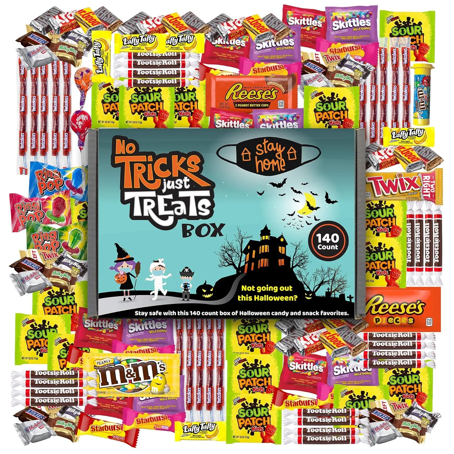 No Tricks, Just Treats Halloween Candy Box, 140 Count of Individually Wrapped Candies - A Variety of Reese's, M&M's