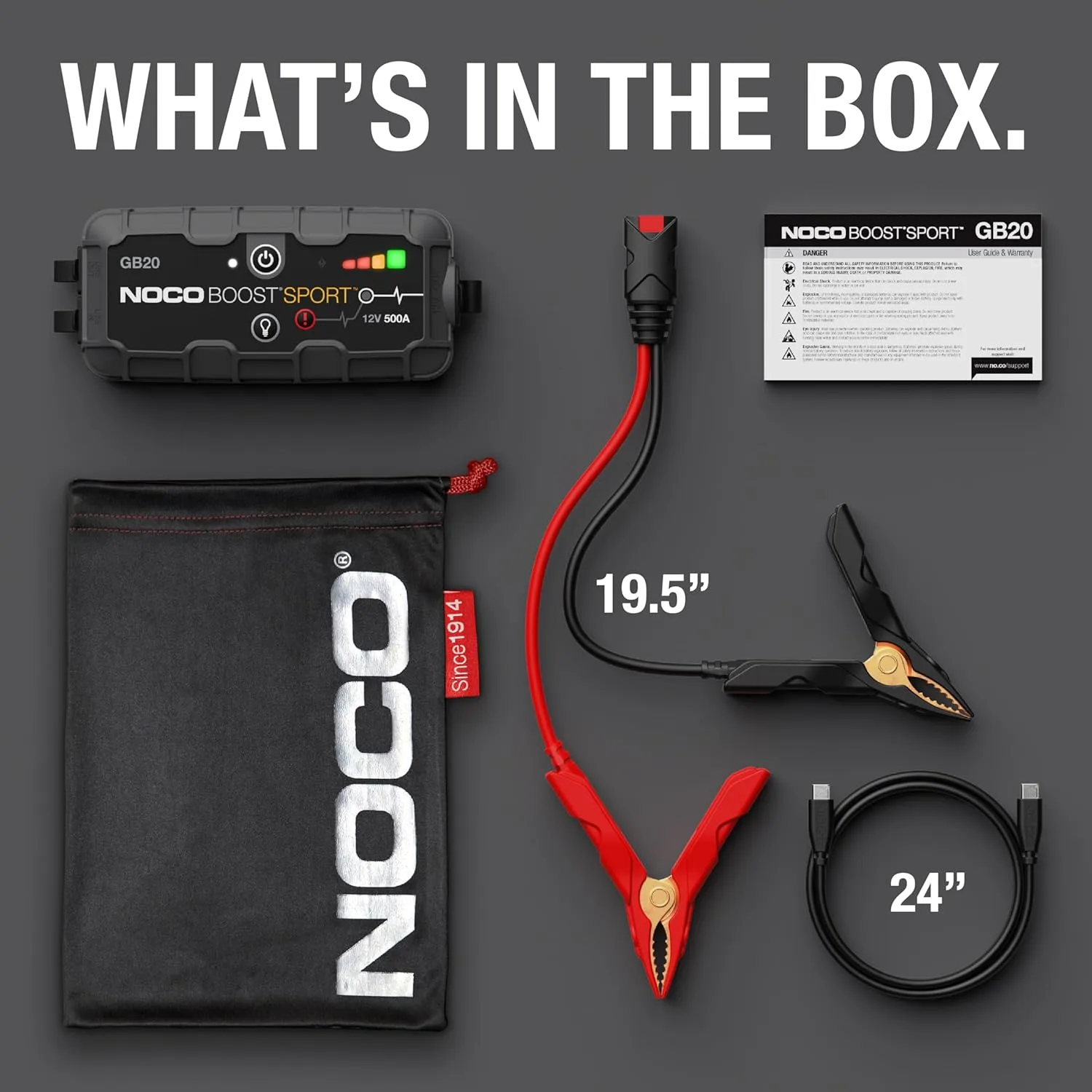 NOCO Boost GB20: 500A UltraSafe Jump Starter – 12V Lithium Battery Booster Pack, Portable Jump Box, Power Bank & Jumper Cables - for 4.0L Gas Engines