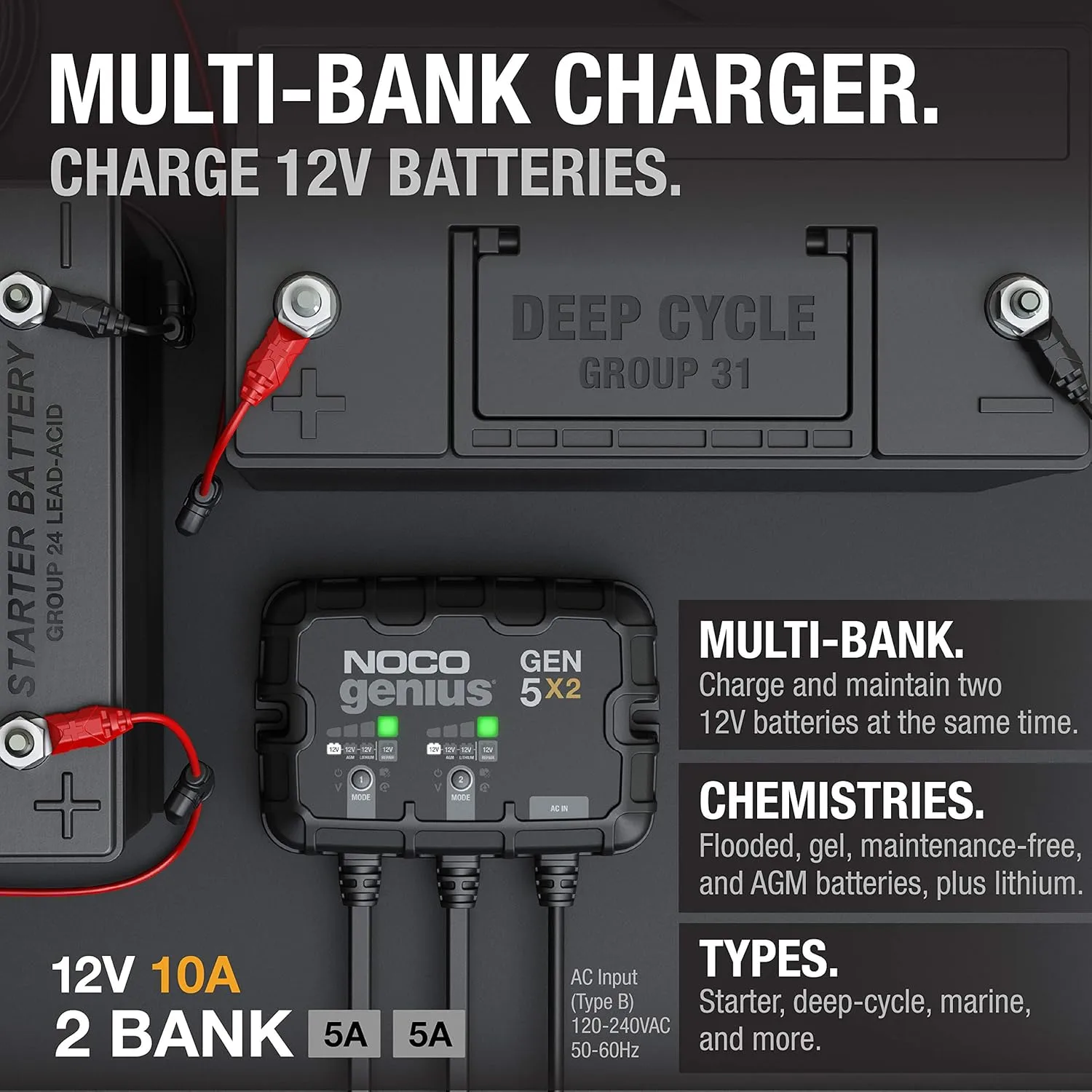 NOCO Genius GEN5X2 2-Bank 10A Onboard Battery Charger - 12V Waterproof Marine