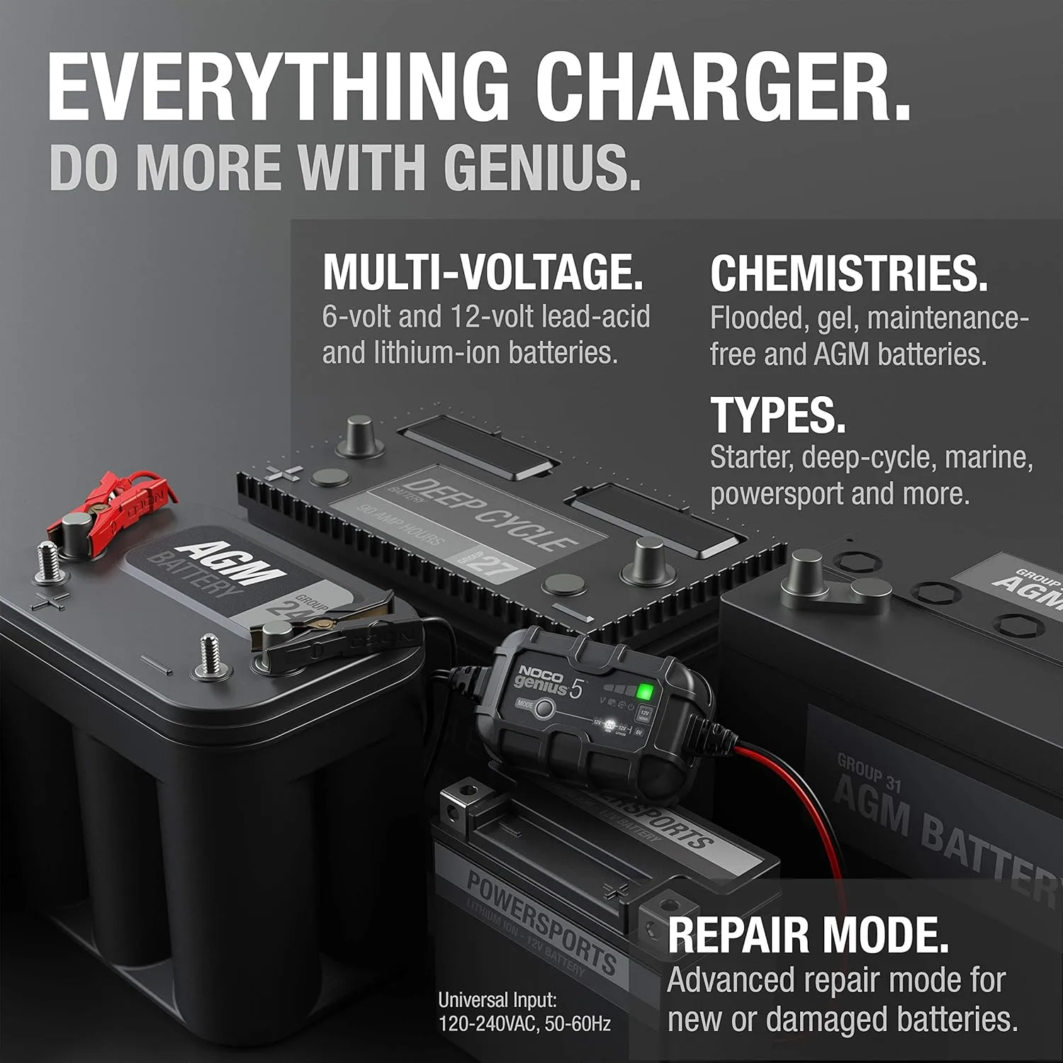 NOCO GENIUS5: 5A 6V/12V Smart Battery Charger – Automatic Maintainer, Trickle Charger & Desulfator with Overcharge Protection & Temperature Compensation – For Lead-Acid & Lithium Batteries