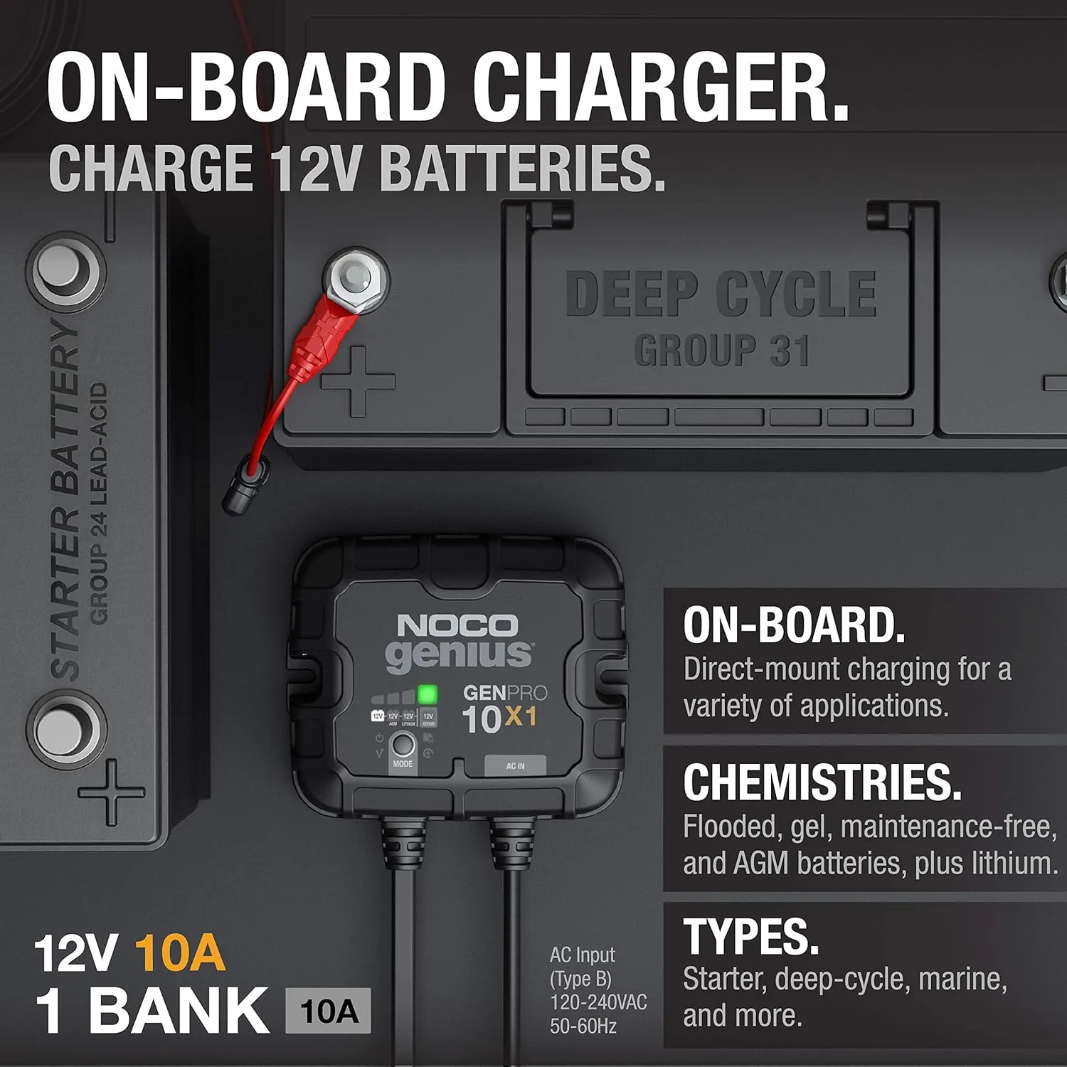 NOCO Genius GENPRO10X1: 1-Bank, 10A Onboard Battery Charger - 12V Waterproof Marine Charger