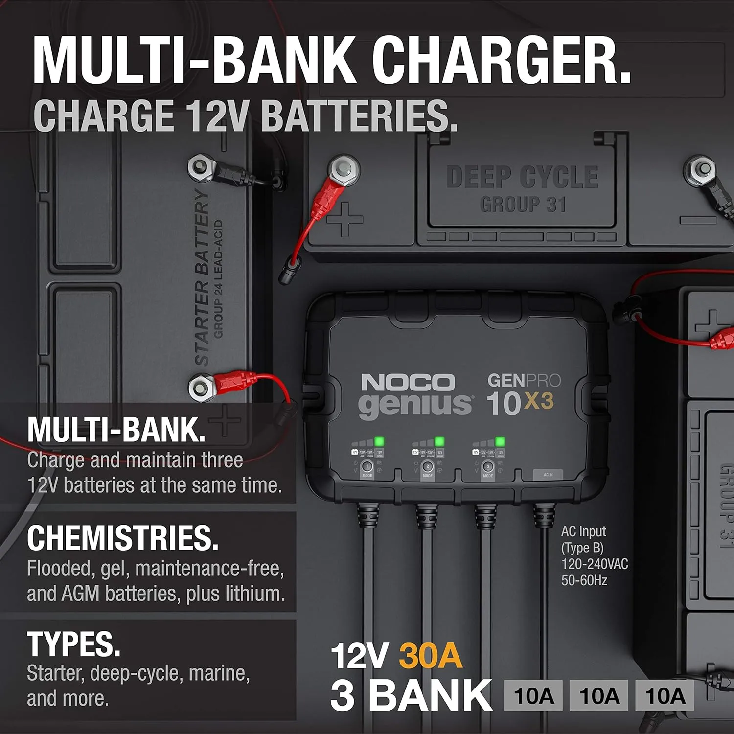 NOCO Genius GENPRO10X3: 3-Bank, 30A Onboard Battery Charger - 10A Per Bank, 12V Waterproof Marine Charger