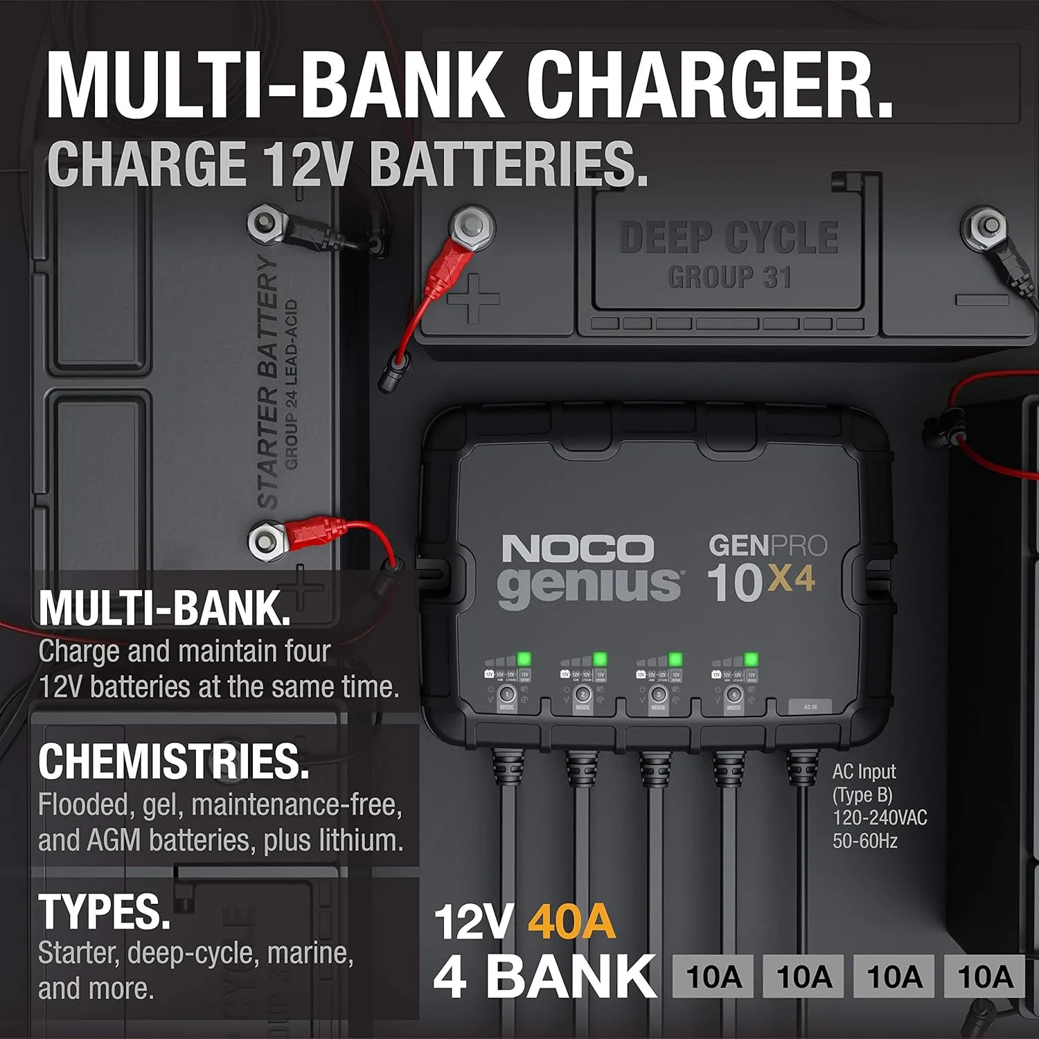 NOCO GENPRO10X4 4-Bank 40A Onboard Battery Charger – 10A/Bank, IP68 Marine