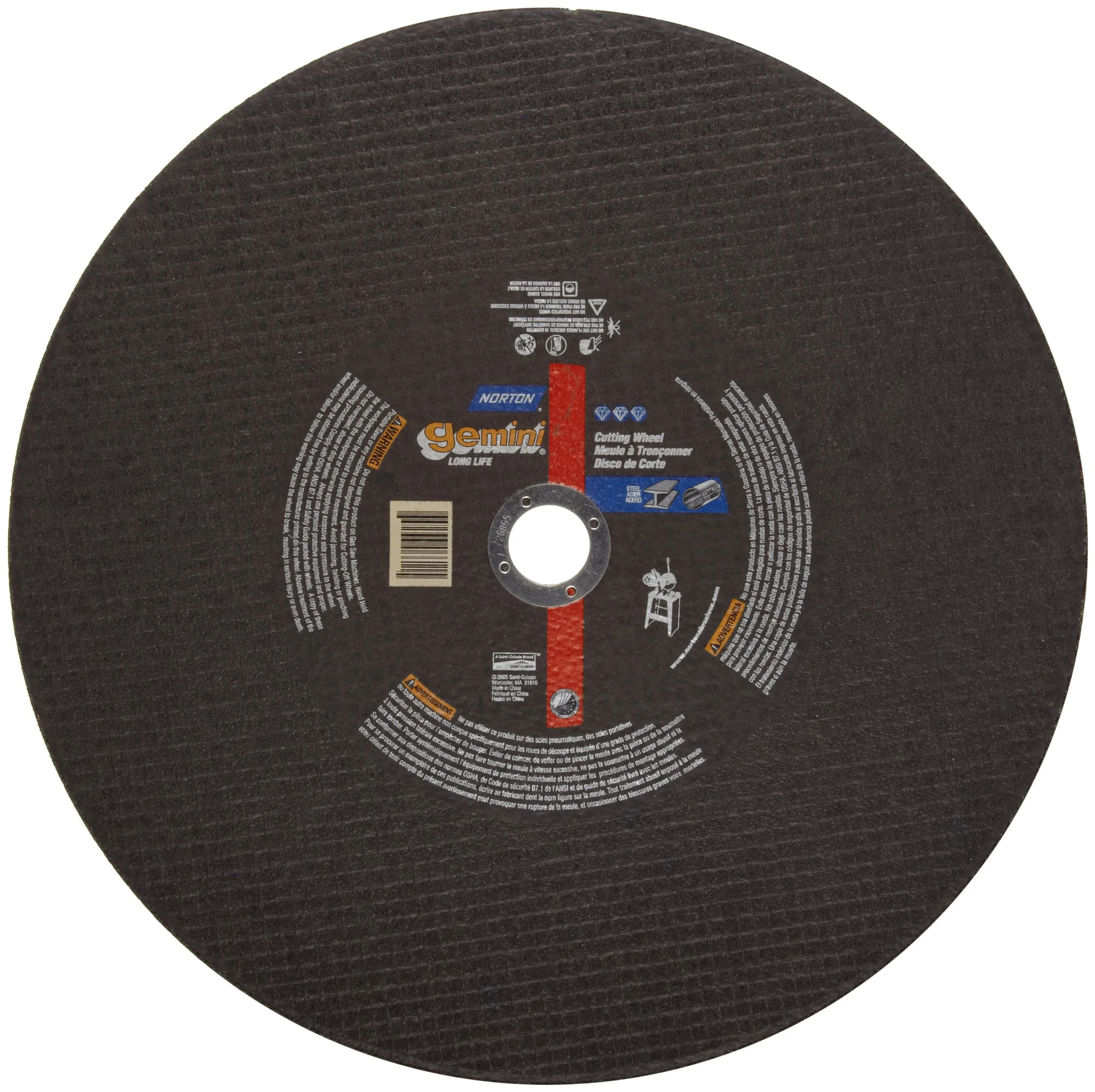 Norton Gemini Long Life Large Diameter Reinforced Abrasive Cut-off Wheel, Type 1 Flat, Aluminum Oxide, 5/8" Arbor