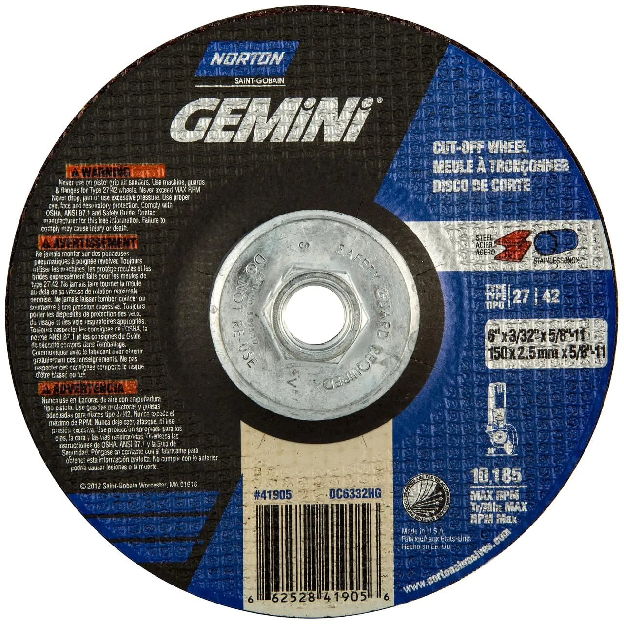 Norton 66252841905 6x.045x5/8-11 In. Gemini AO Right Angle Cut-Off Wheels, Type 27/42, 24 Grit, 10 pack