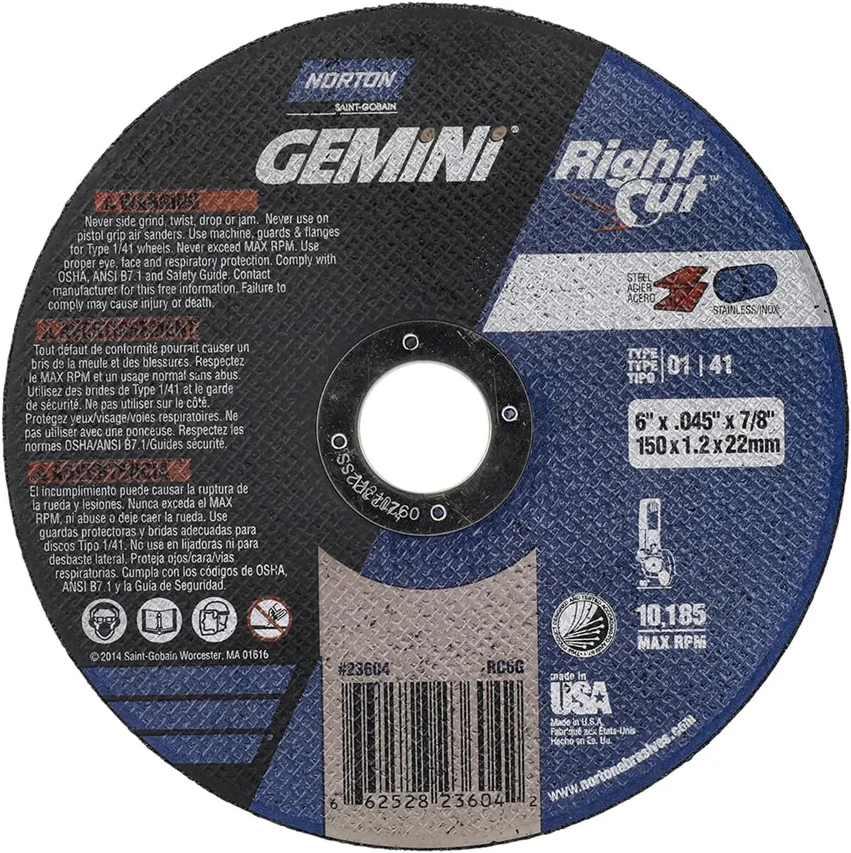 NORTON ABRASIVES/ST GOBAIN 66252823604 Type 1 Cut-Off Wheel, 6 in Dia x 0.045 in T, 7/8 in Arbor