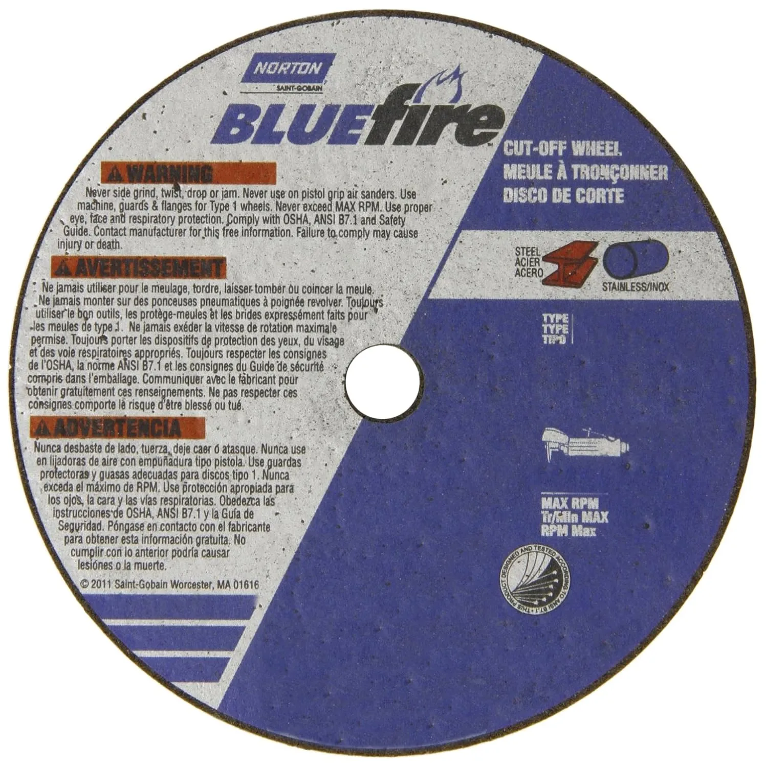 Norton Blue Fire Small Diameter Reinforced Abrasive Flat Cut-Off Wheel, Type 01, Zirconia Alumina and Aluminum Oxide, 3/8" Arbor, 3" Diameter x 1/16" Thickness (Pack of 25)