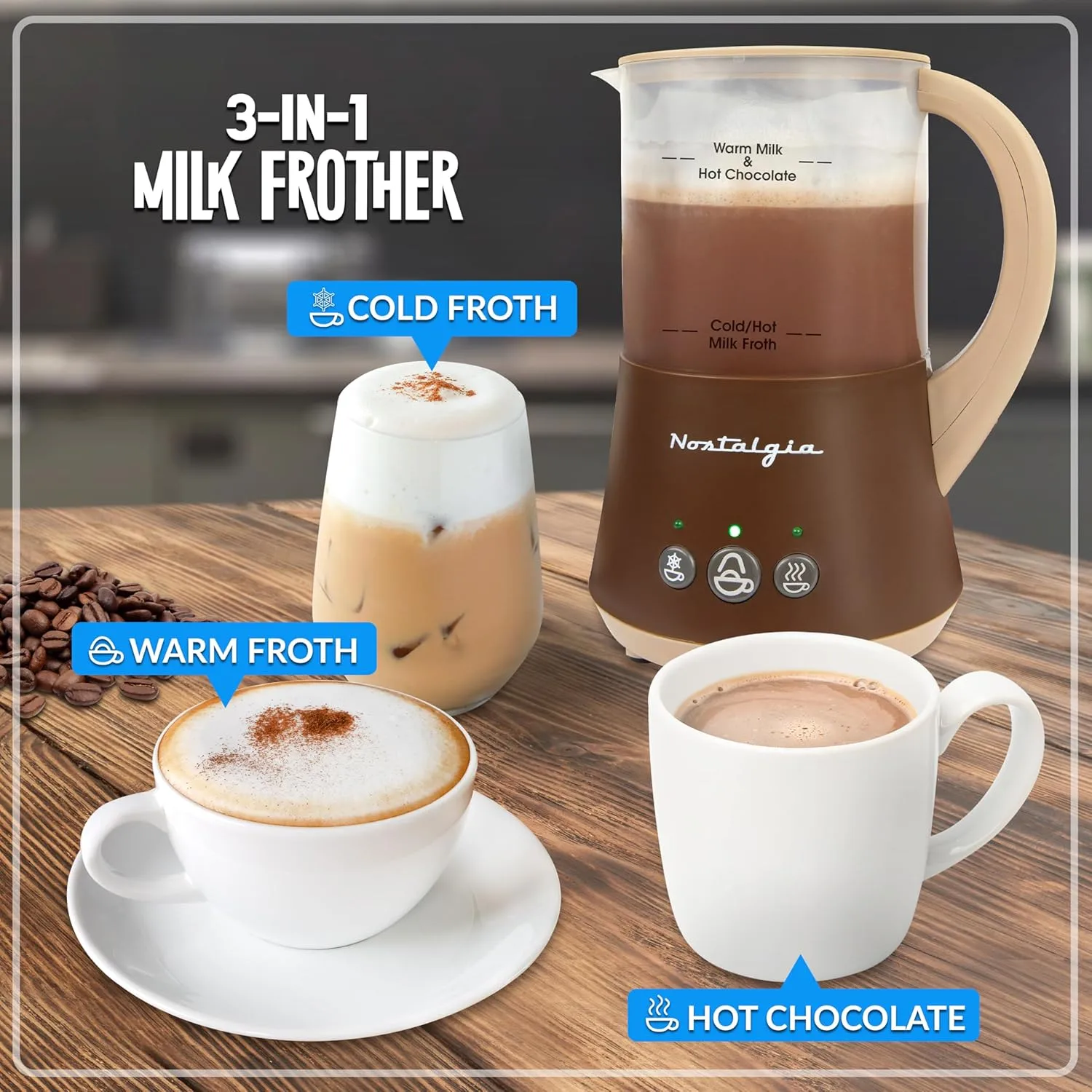 Nostalgia 32 Oz Frother and Hot Chocolate Maker, Warm or Cold Milk Foam, Includes Cocoa Bomb Mold, for Coffees, Lattes