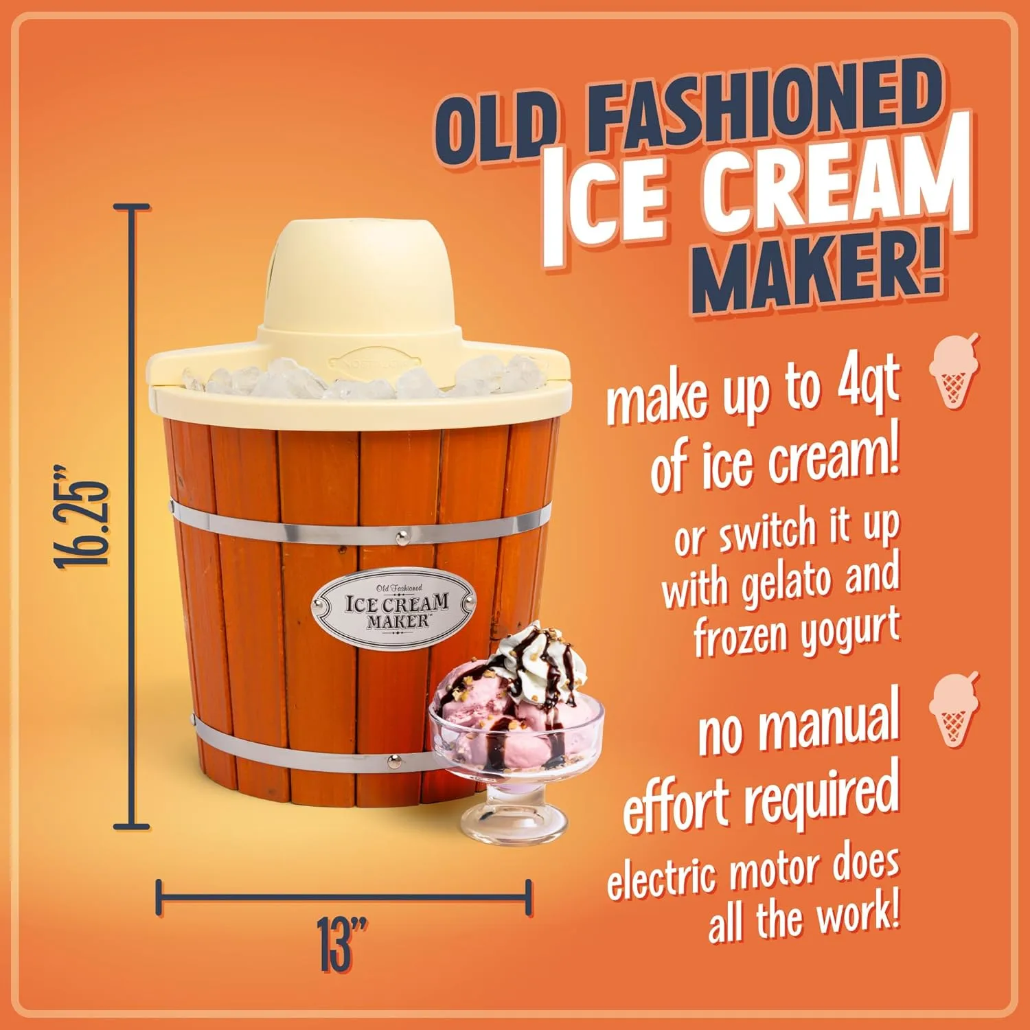 NOSTALGIA 4-Quart Electric Ice Cream Maker - Old Fashioned Design