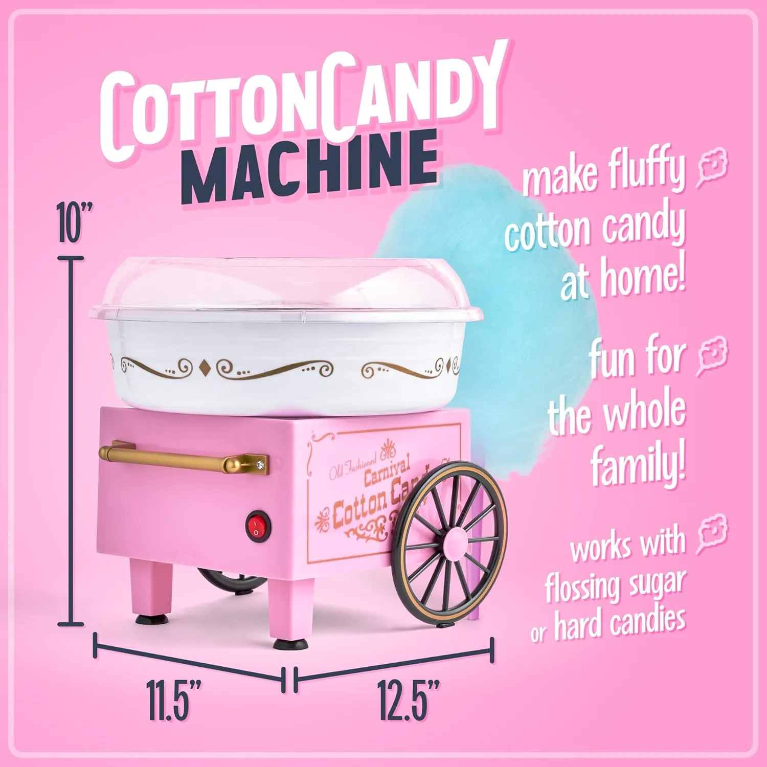 Nostalgia Cotton Candy Machine - Retro Cotton Candy Machine for Kids with 2 Reusable Cones, 1 Sugar Scoop