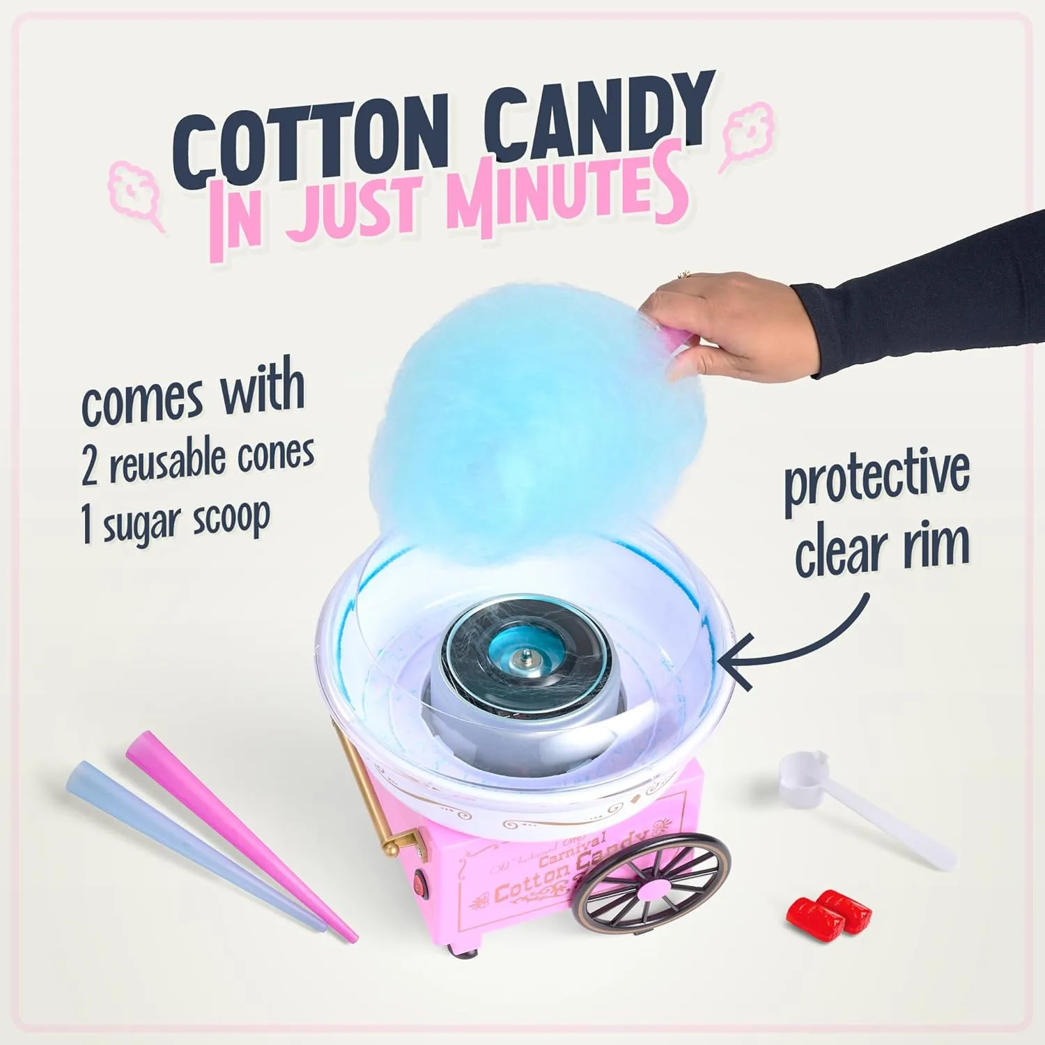 Nostalgia Cotton Candy Machine - Retro Cotton Candy Machine for Kids with 2 Reusable Cones, 1 Sugar Scoop