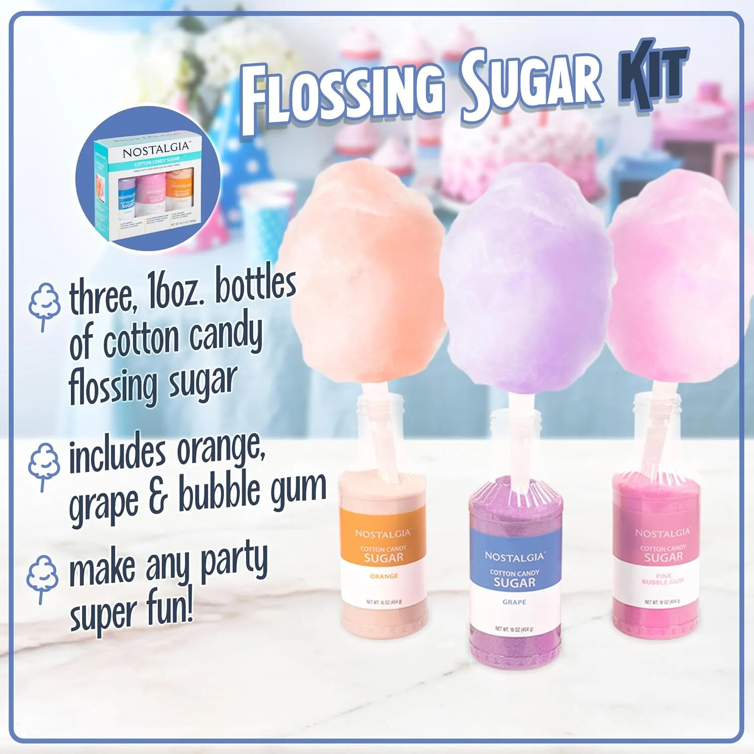 NOSTALGIA Cotton Candy Flossing Sugar Party Kit (3-Pack)
