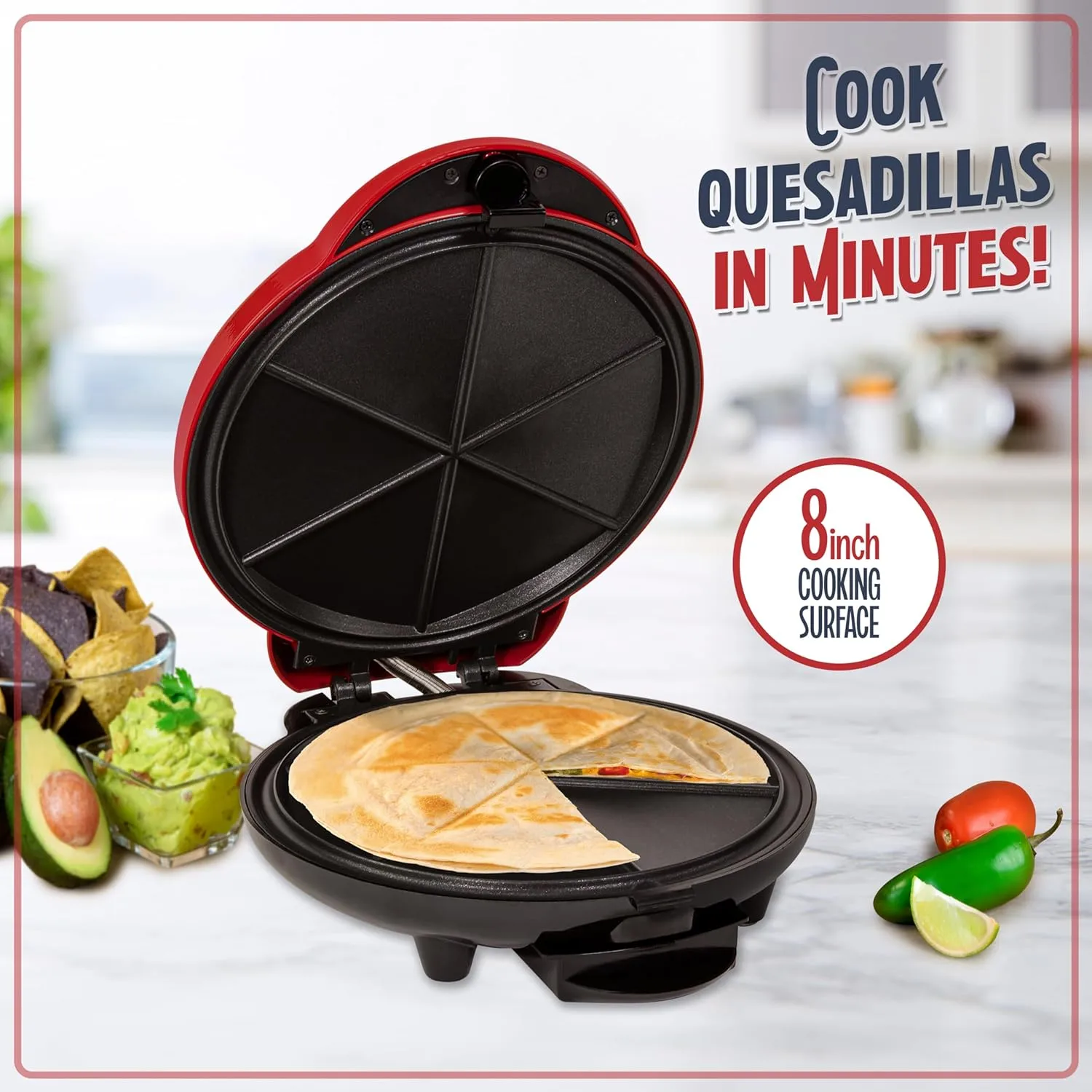Nostalgia 6-Wedge Electric Quesadilla Maker with Extra Stuffing Latch, 8-inch, Red Original