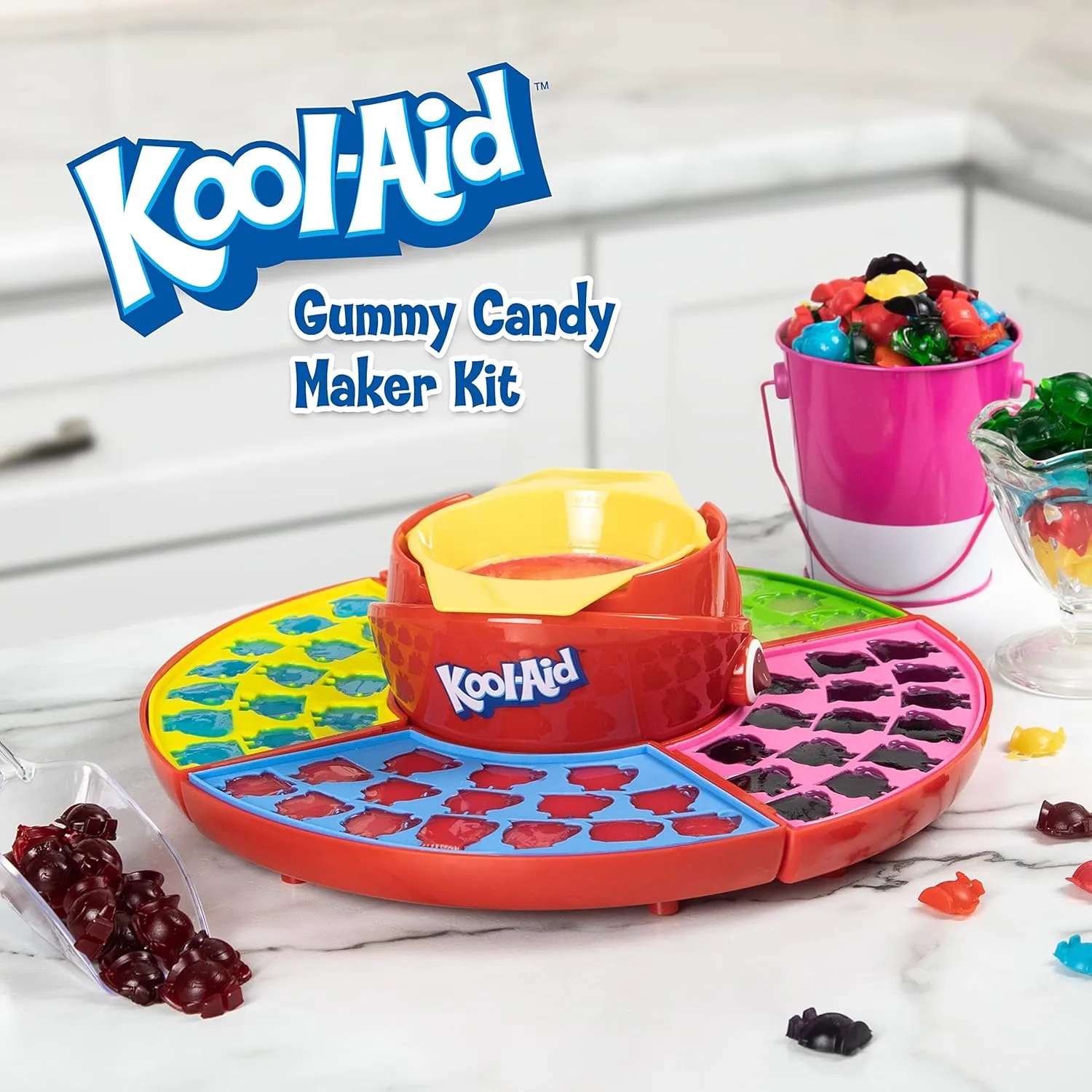 Nostalgia KAGCM200RD Gummy Candy Making Kit-Silicone Kool-Aid Man Shaped Molds Heated Base and Melting Pot Included-Family