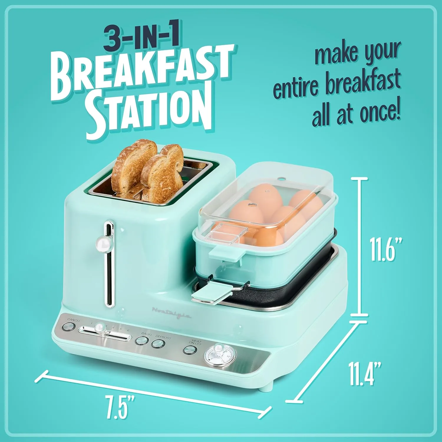 Nostalgia Classic Retro 3-in-1 Breakfast Station - Includes Egg and Veggie Steamer, Non-Stick Griddle