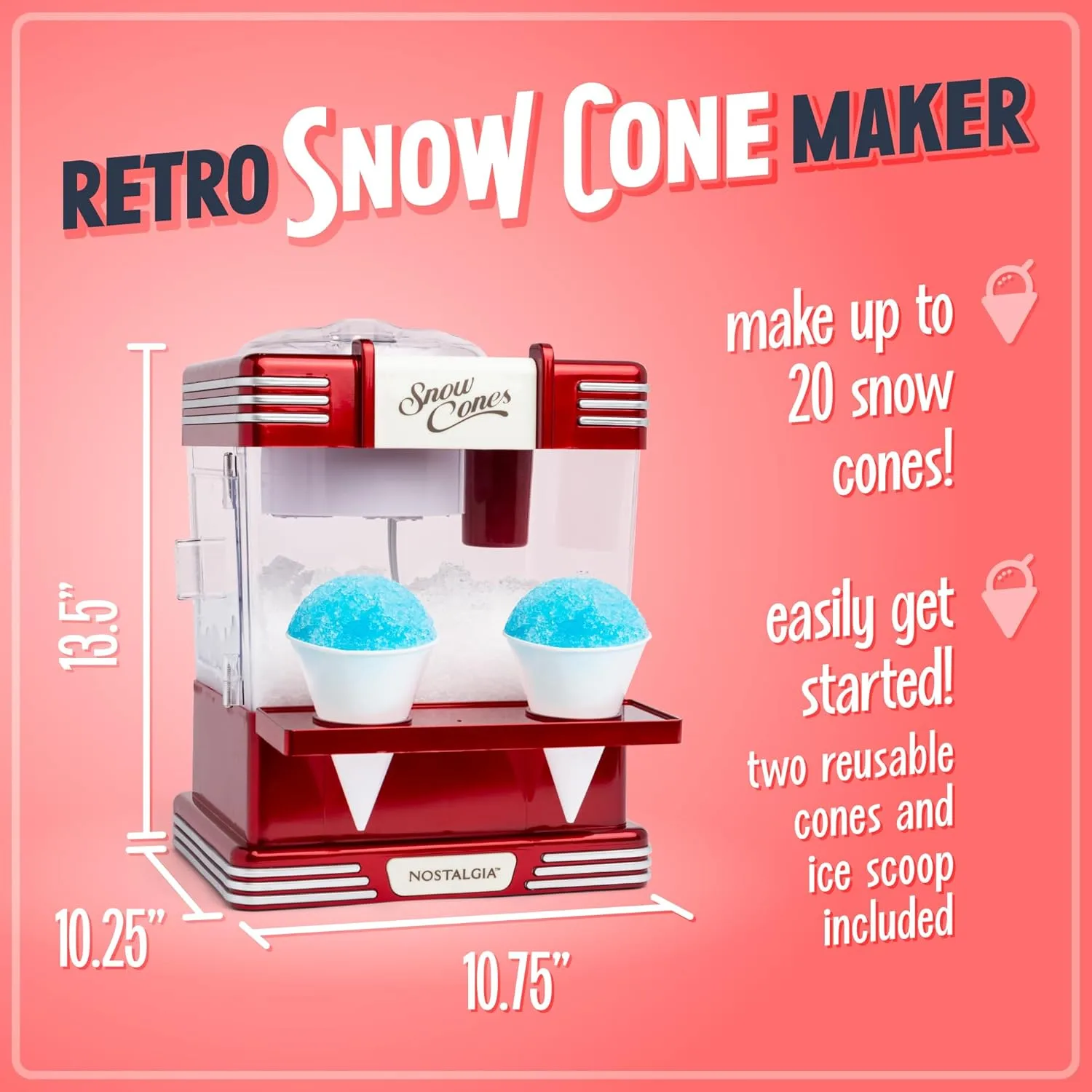 Nostalgia Snow Cone Shaved Ice Machine - Retro Table-Top Slushie Machine Makes 20 Icy Treats