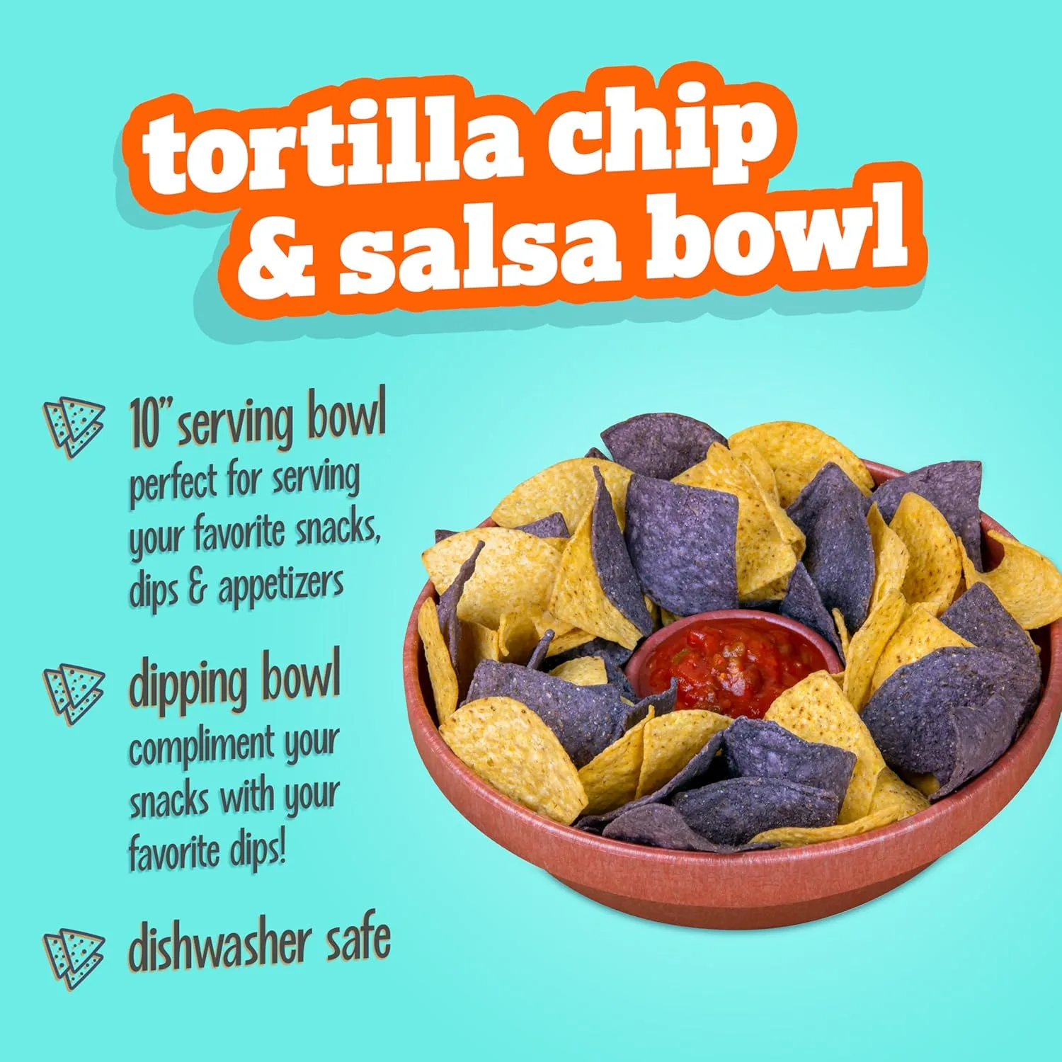 Nostalgia Taco Tuesday 10-Inch Tortilla Chip & Salsa Bowl, Perfect For Potato Chips, Pretzels, Veggies, Ranch, Guacamole