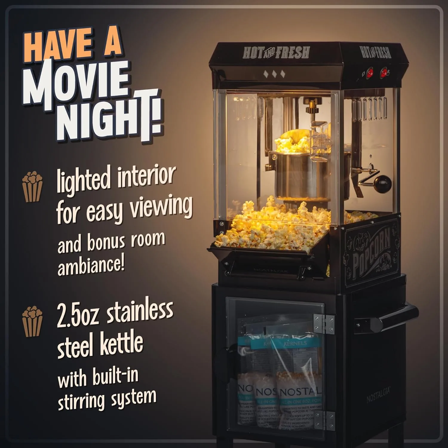 Nostalgia Popcorn Maker Machine - Professional Cart With 2.5 Oz Kettle Makes Up to 10 Cups