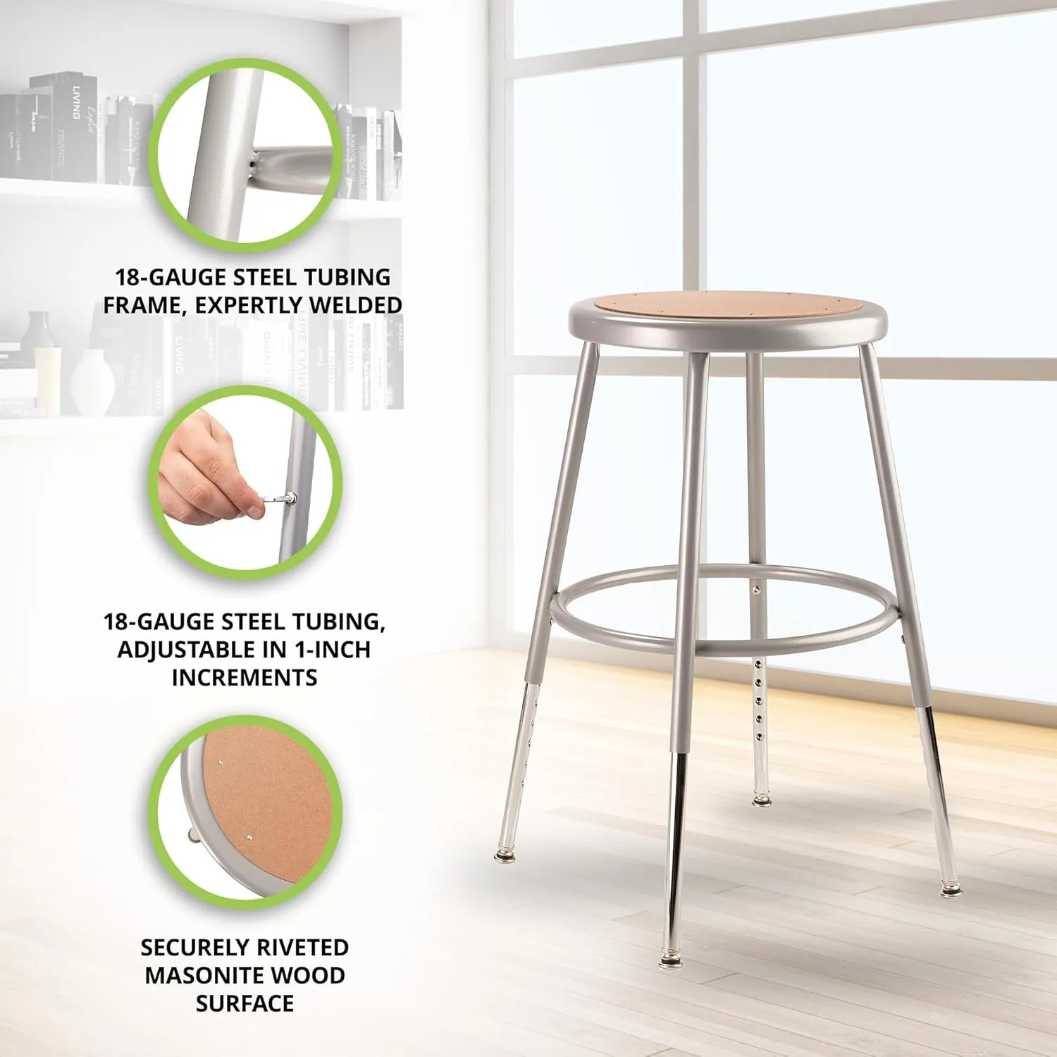 6200 Series Height Adjustable Heavy Duty Steel Stool, Backless, 19"-27" Seat Height, Brown Seat, Gray Base