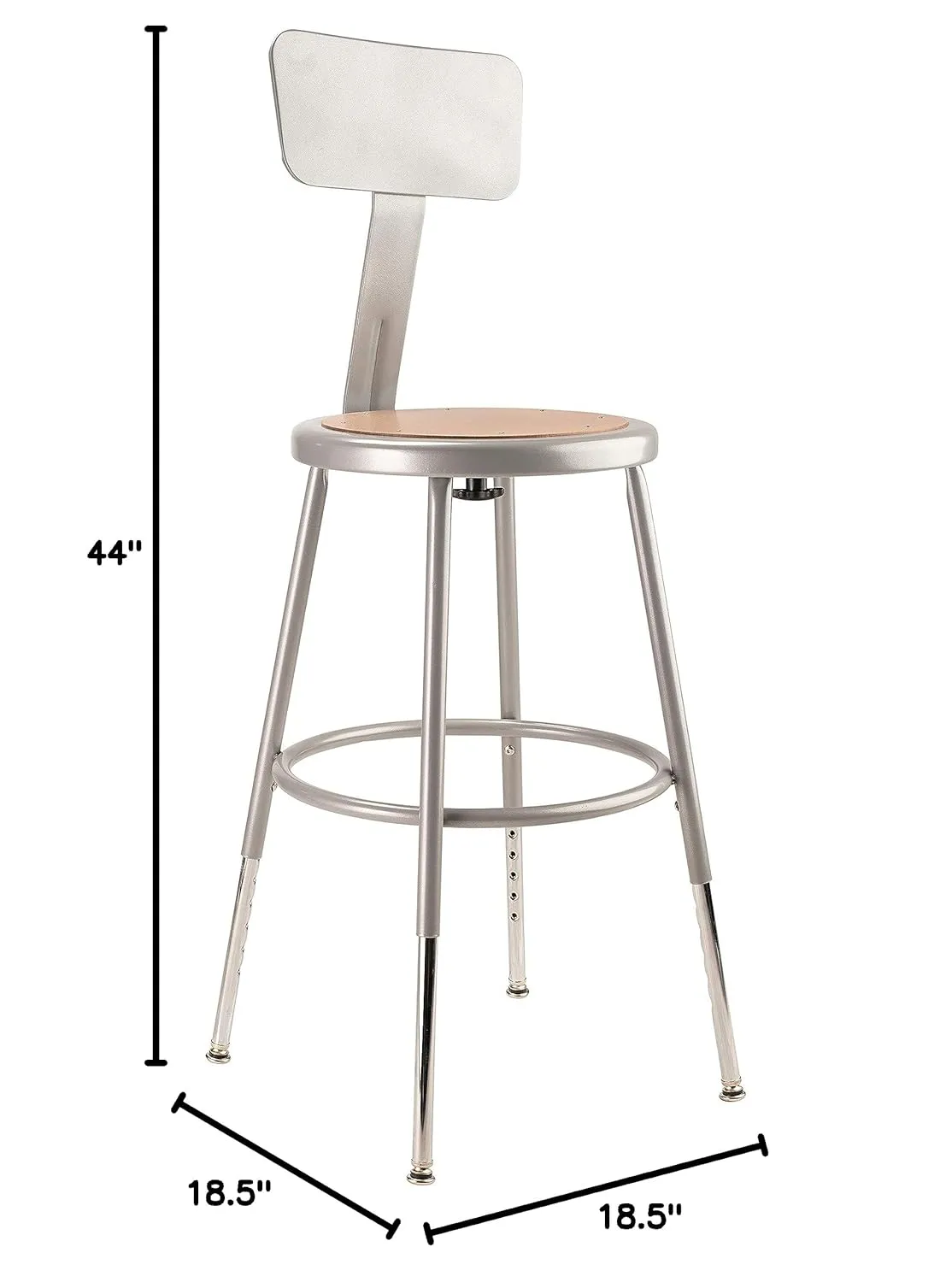National Public Seating 6218HB Steel Stool with Hardboard Seat Adjustable and Backrest, 19"-27", Grey