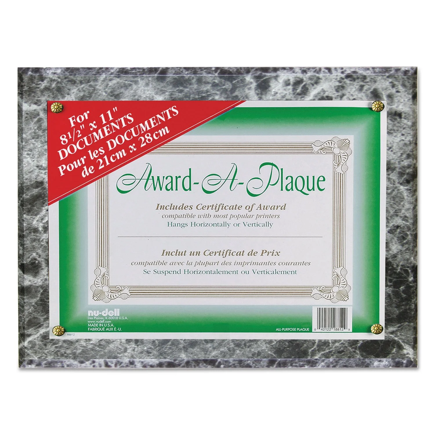 NuDell Award Plaque Frame for Diplomas & Certificates, Black Marble, 8.5 x 11