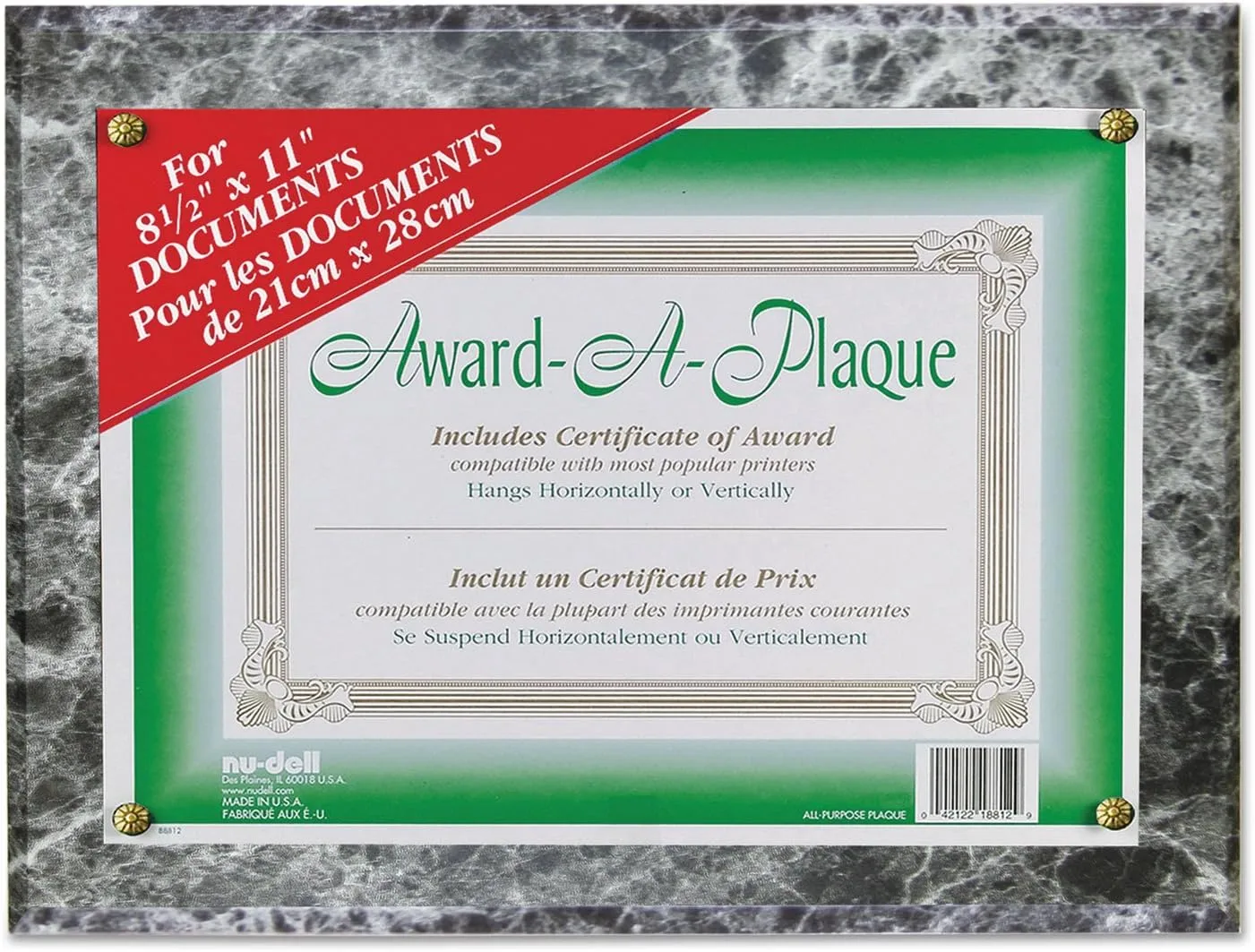 NuDell Award Plaque Frame for Diplomas & Certificates, Black Marble, 8.5 x 11