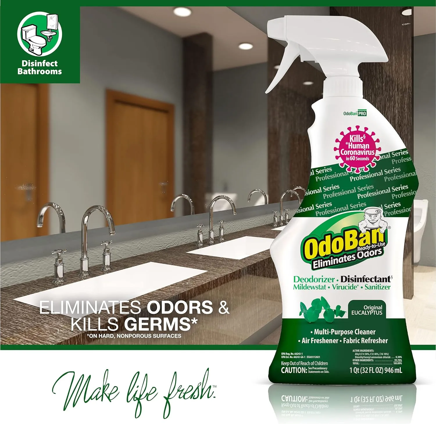 OdoBan Professional Ready-to-Use Disinfectant and Odor Eliminator, 32 Ounce Spray Bottle