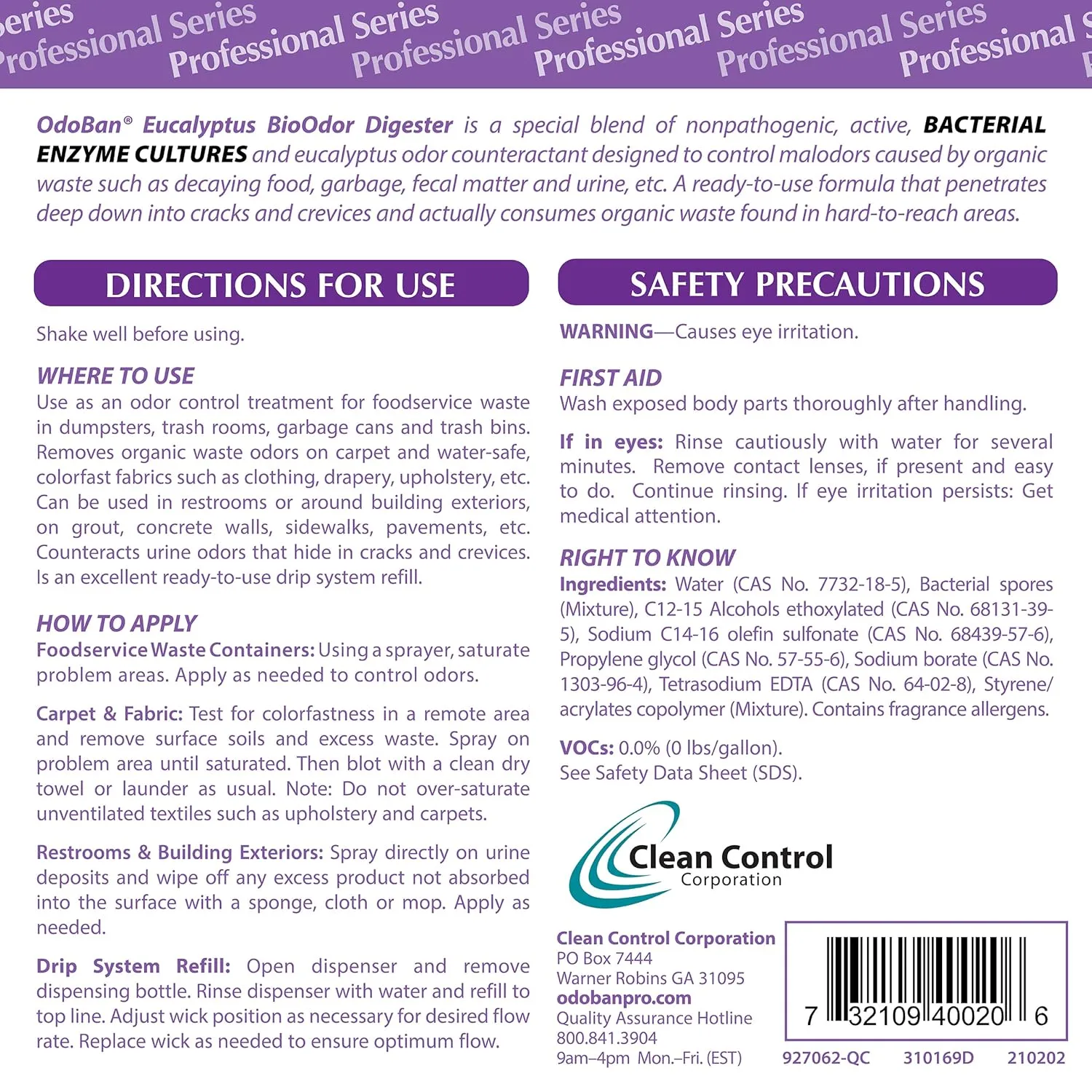 OdoBan Professional Cleaning Ready-to-Use BioOdor Digester Harsh Aroma Counteractant, Made in the USA, Eucalyptus Scent, 1 Gallon