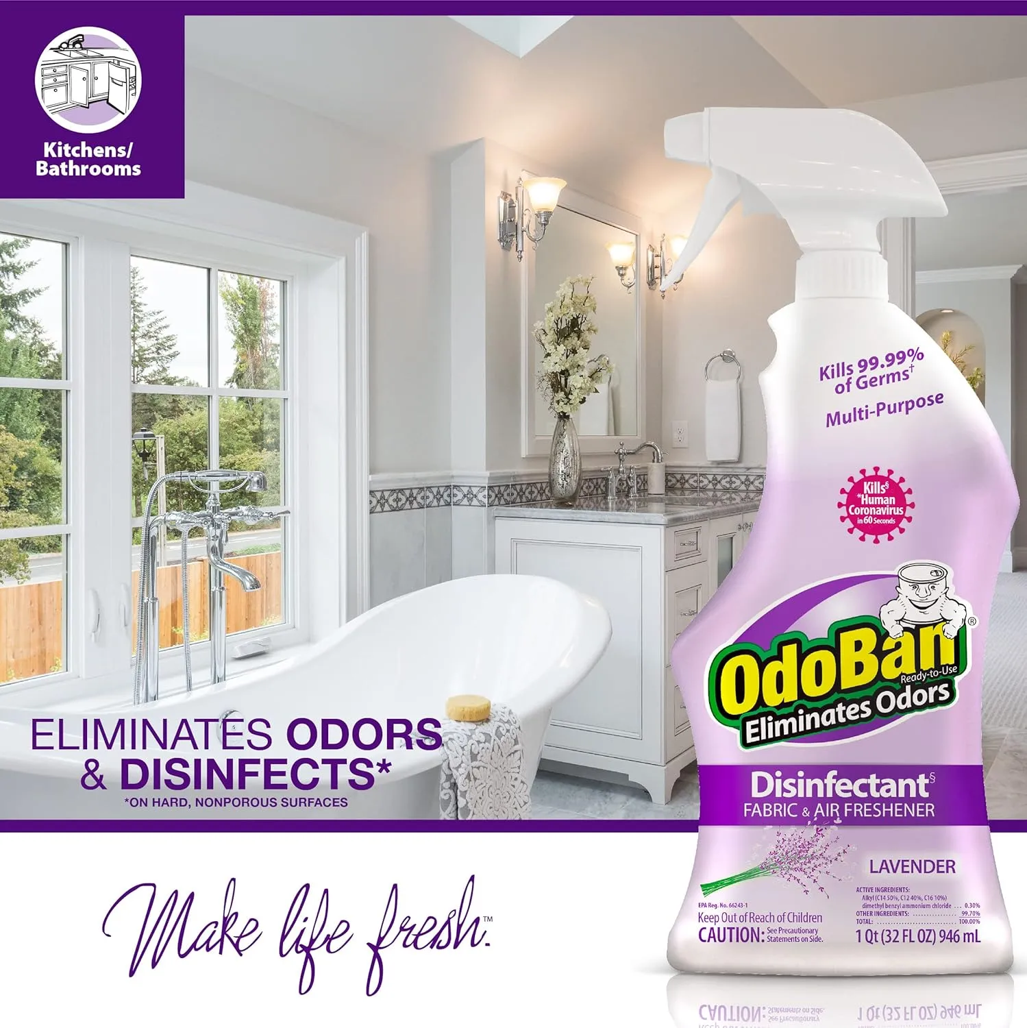 OdoBan Ready-to-Use Disinfectant and Odor Eliminator, Lavender Scent, 32 Ounce Spray Bottle