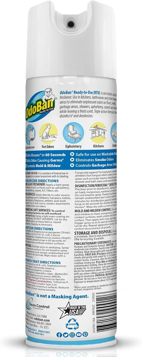 OdoBan Ready-to-Use 360-Degree Continuous Spray Disinfectant & Harsh Aroma Eliminator, Fresh Linen, 14.6 Ounces