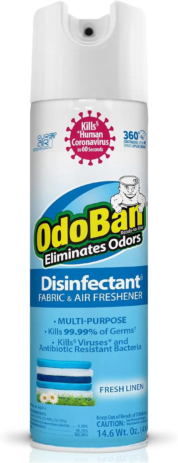 OdoBan Ready-to-Use 360-Degree Continuous Spray Disinfectant & Harsh Aroma Eliminator, Fresh Linen, 14.6 Ounces