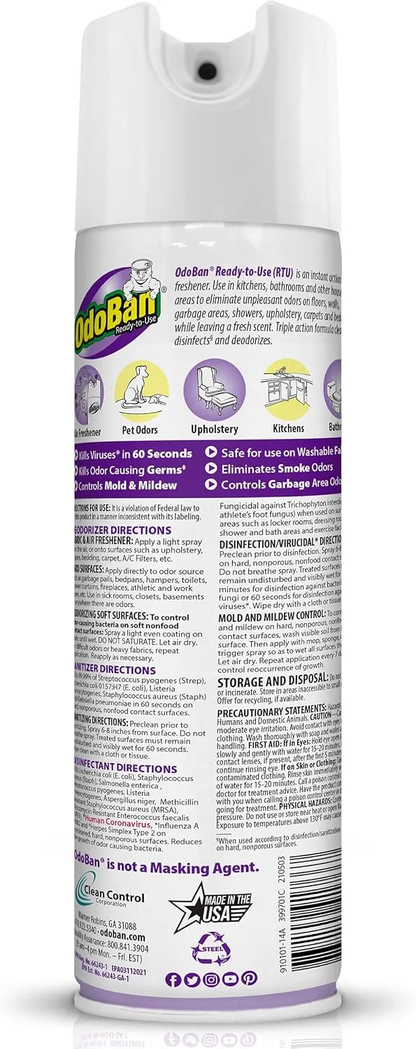 OdoBan Ready-to-Use 360-Degree Continuous Spray Disinfectant & Harsh Aroma Eliminator, Fabric and Air Freshener