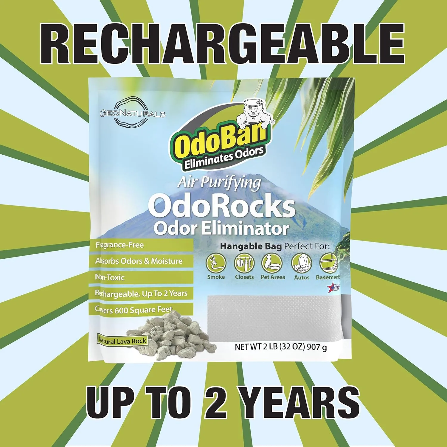 OdoBan Air Purifying OdoRocks Natural Odor Eliminator Made from Natural Volcanic Rocks, Made in the USA, Fragrance Free