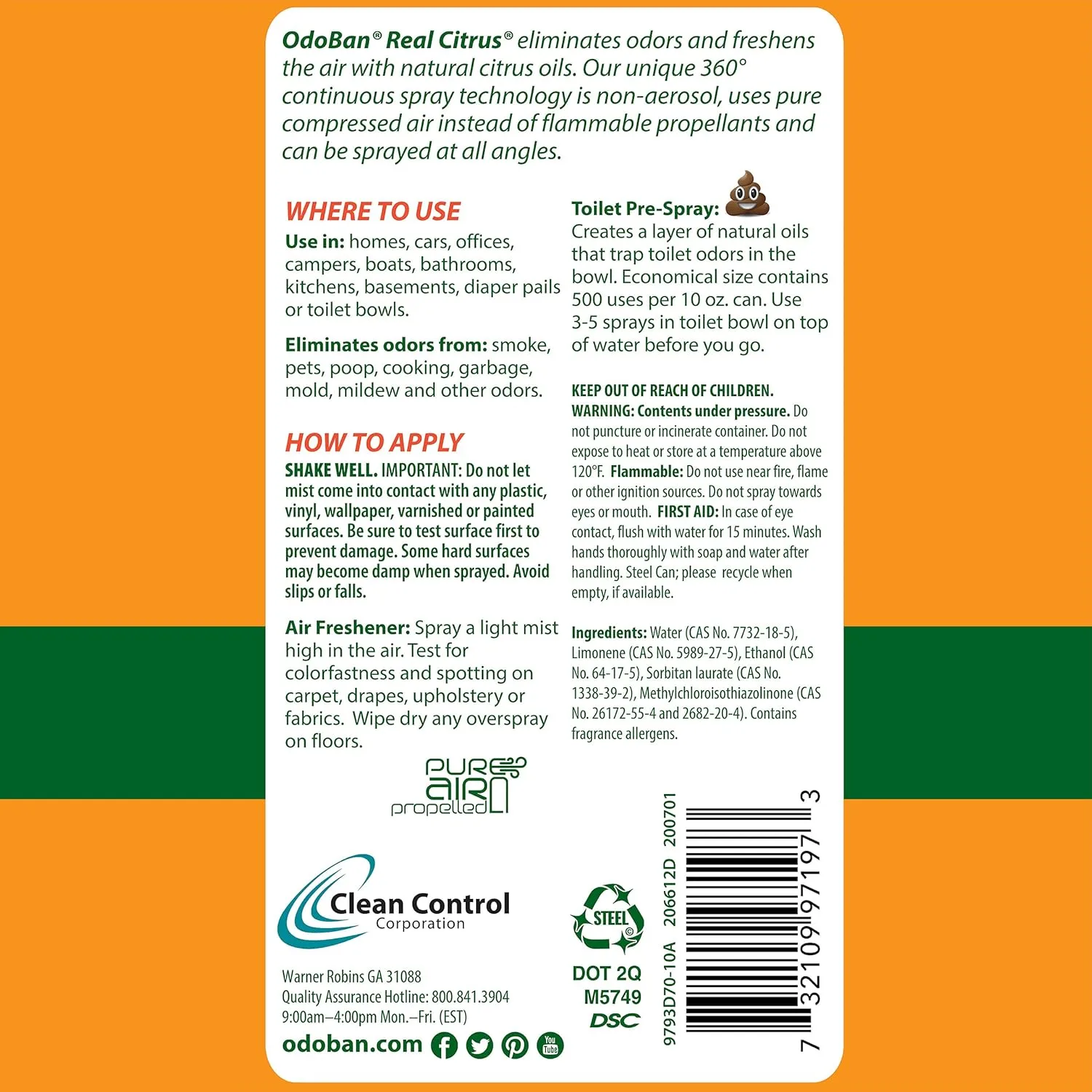 OdoBan Aroma Eliminator, 360-Degree Continuous Spray Natural Oil Real Citrus Air Freshener, Toilet Spray, Made in the USA