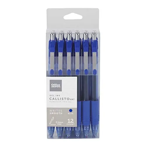 Office Depot Brand Soft-Grip Retractable Gel Pens, Fine Point, 0.5 Mm, Transparent Blue Barrel, Blue Ink, Pack of 12 Pens