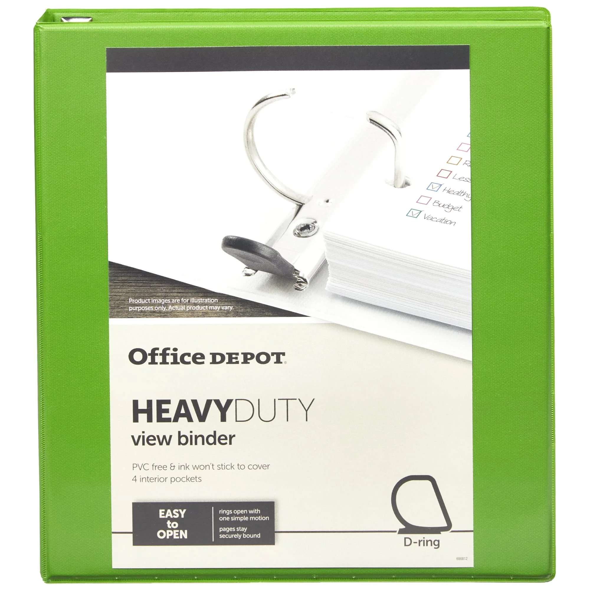 Office Depot Heavy-Duty D-Ring View Binder, 1" Rings, Army Green