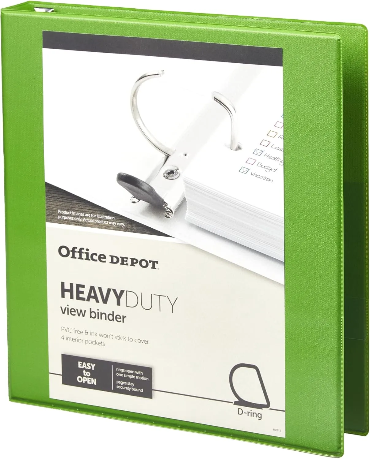 Office Depot Heavy-Duty D-Ring View Binder, 1" Rings, Army Green