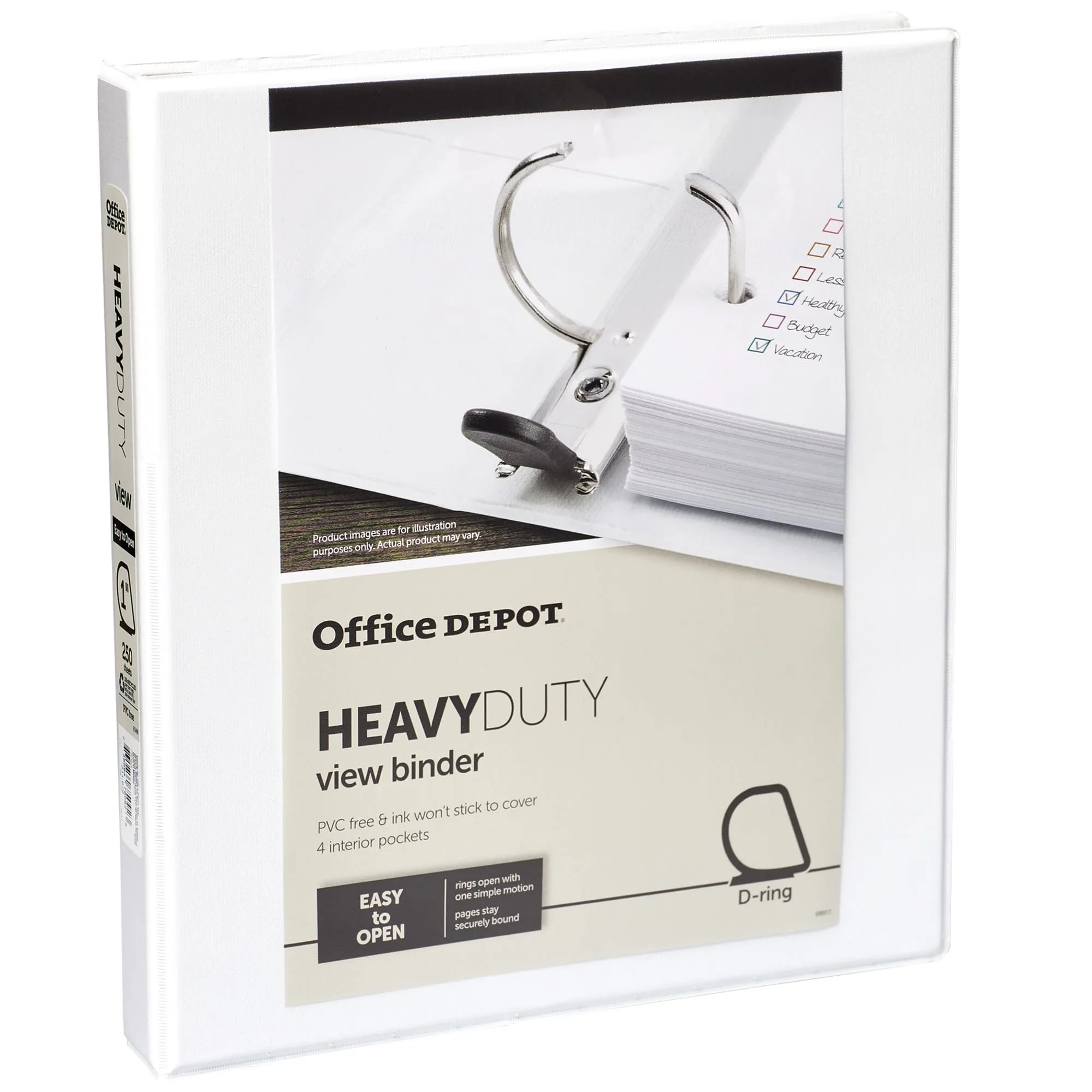 Office Depot® Brand Heavy-Duty D-Ring View Binder, 1" Rings, 54% Recycled, White