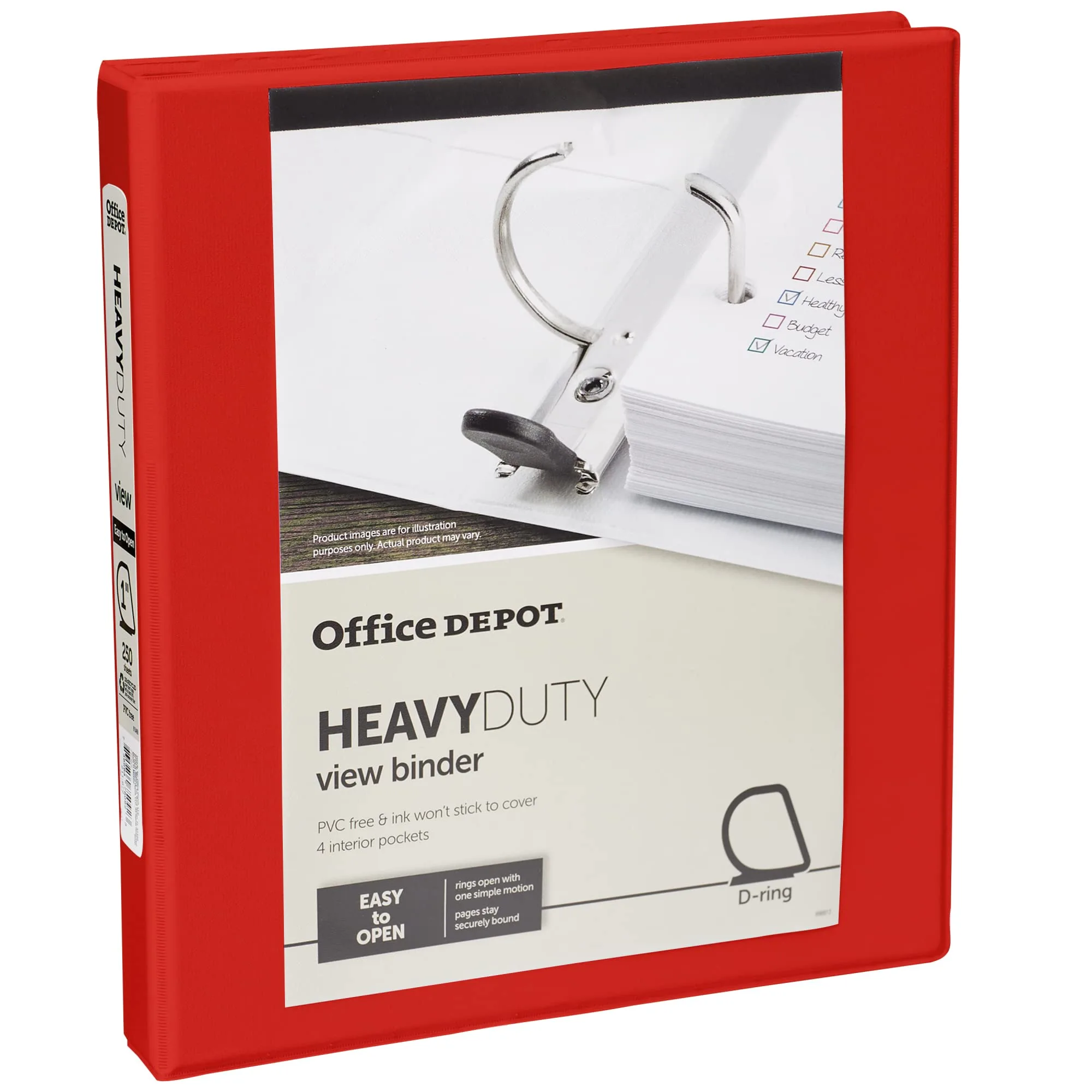 Office Depot Brand Heavy-Duty Easy Open D-Ring View Binder, 1" Rings, Red