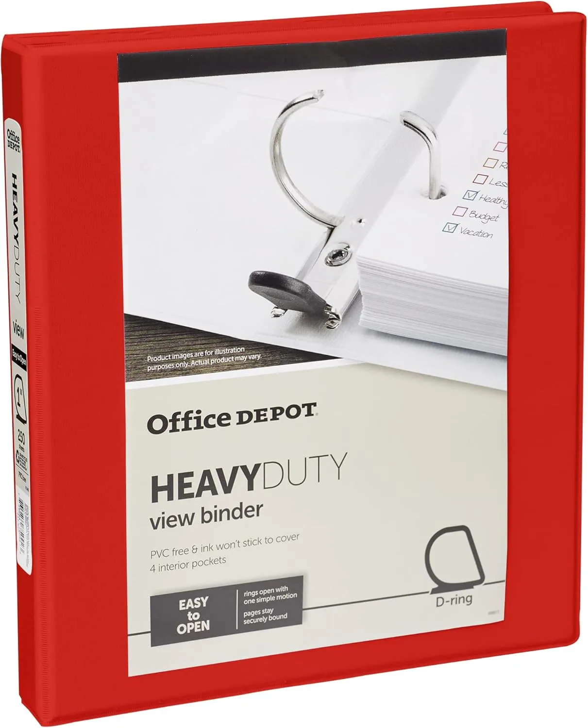 Office Depot Brand Heavy-Duty Easy Open D-Ring View Binder, 1" Rings, Red