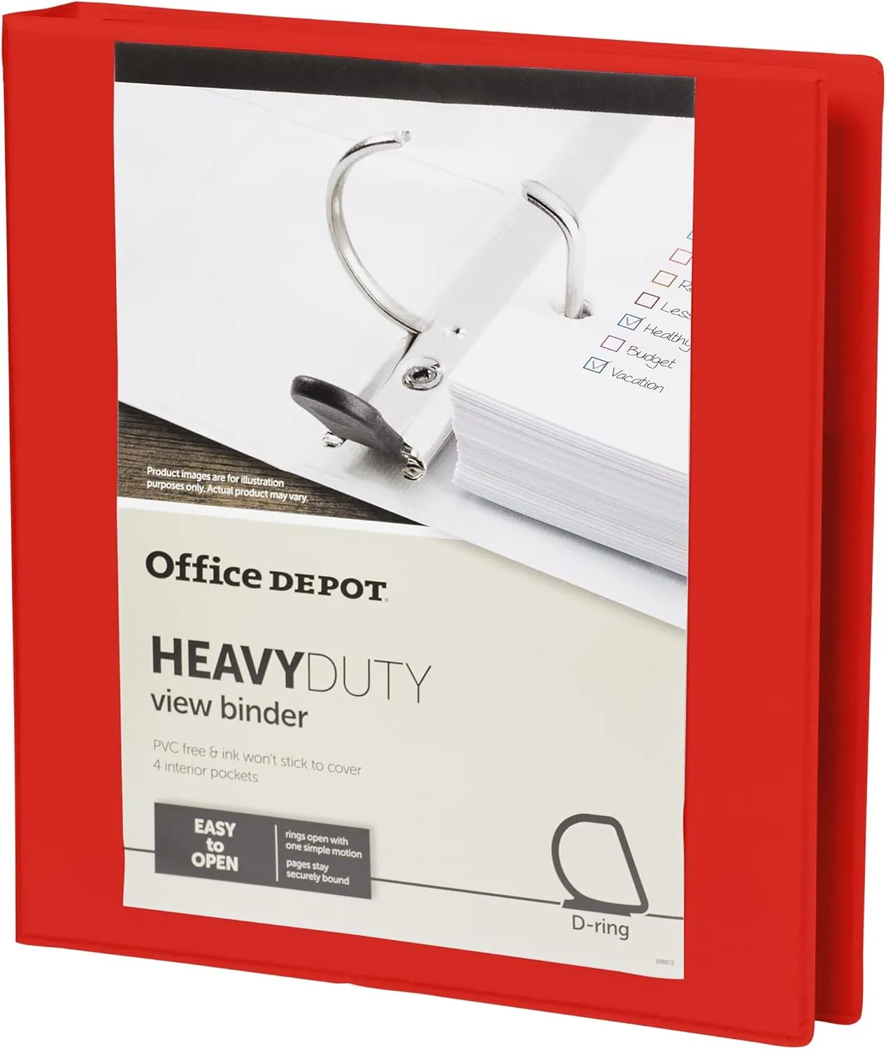Office Depot Brand Heavy-Duty Easy Open D-Ring View Binder, 1" Rings, Red