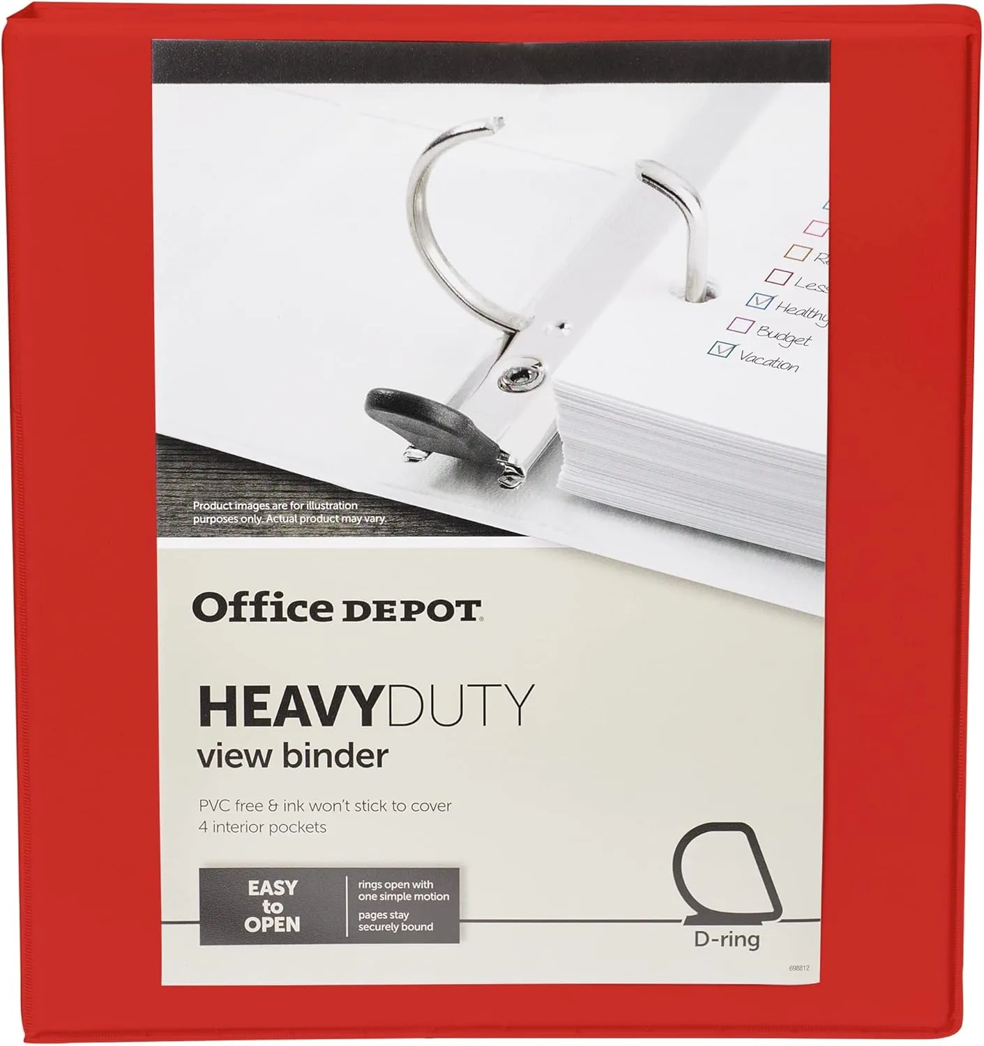 Office Depot Brand Heavy-Duty Easy Open D-Ring View Binder, 1" Rings, Red