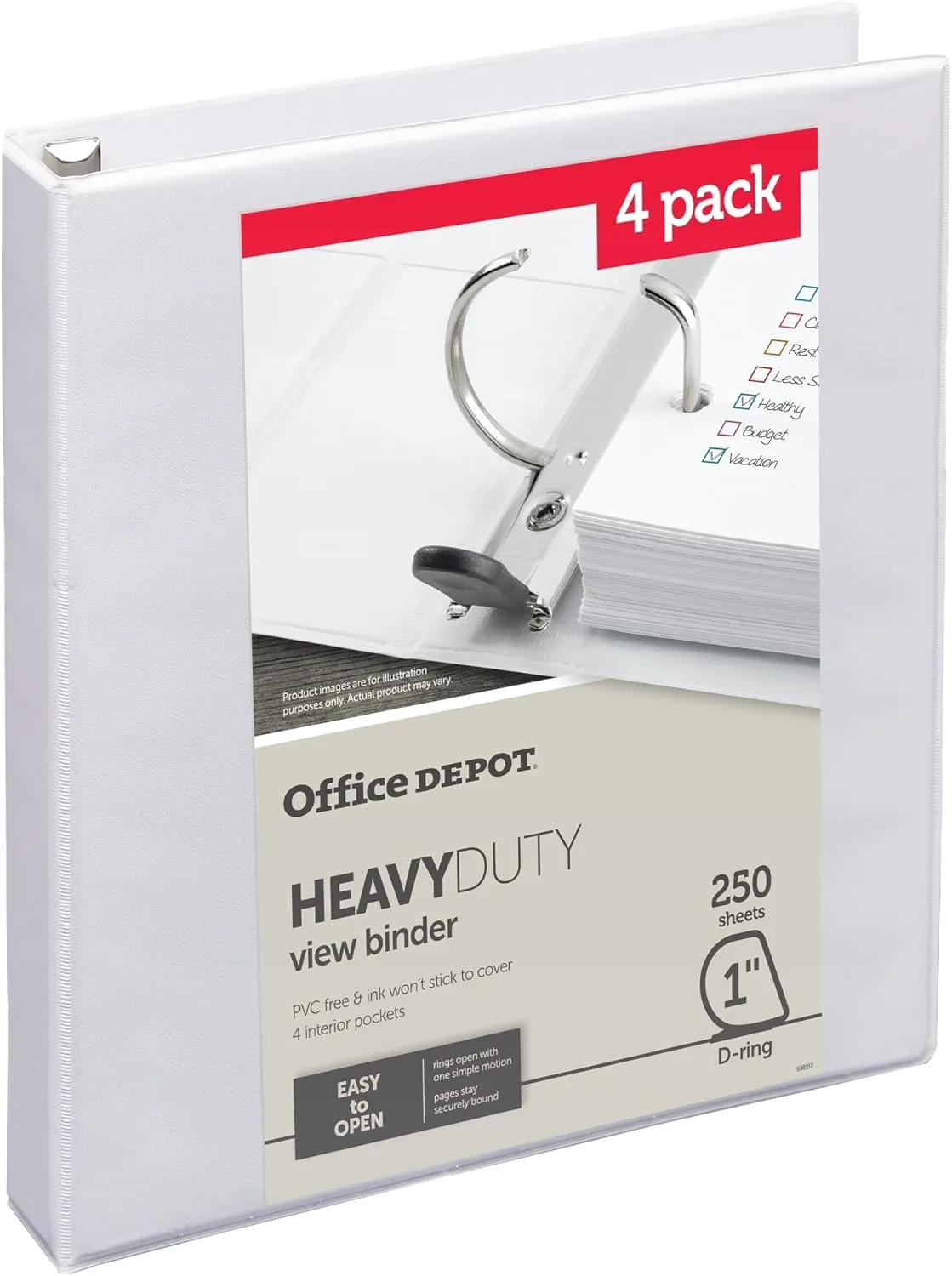 Office Depot® Heavy-Duty View 3-Ring Binder, 1" D-Rings, 49% Recycled, White, Pack Of 4