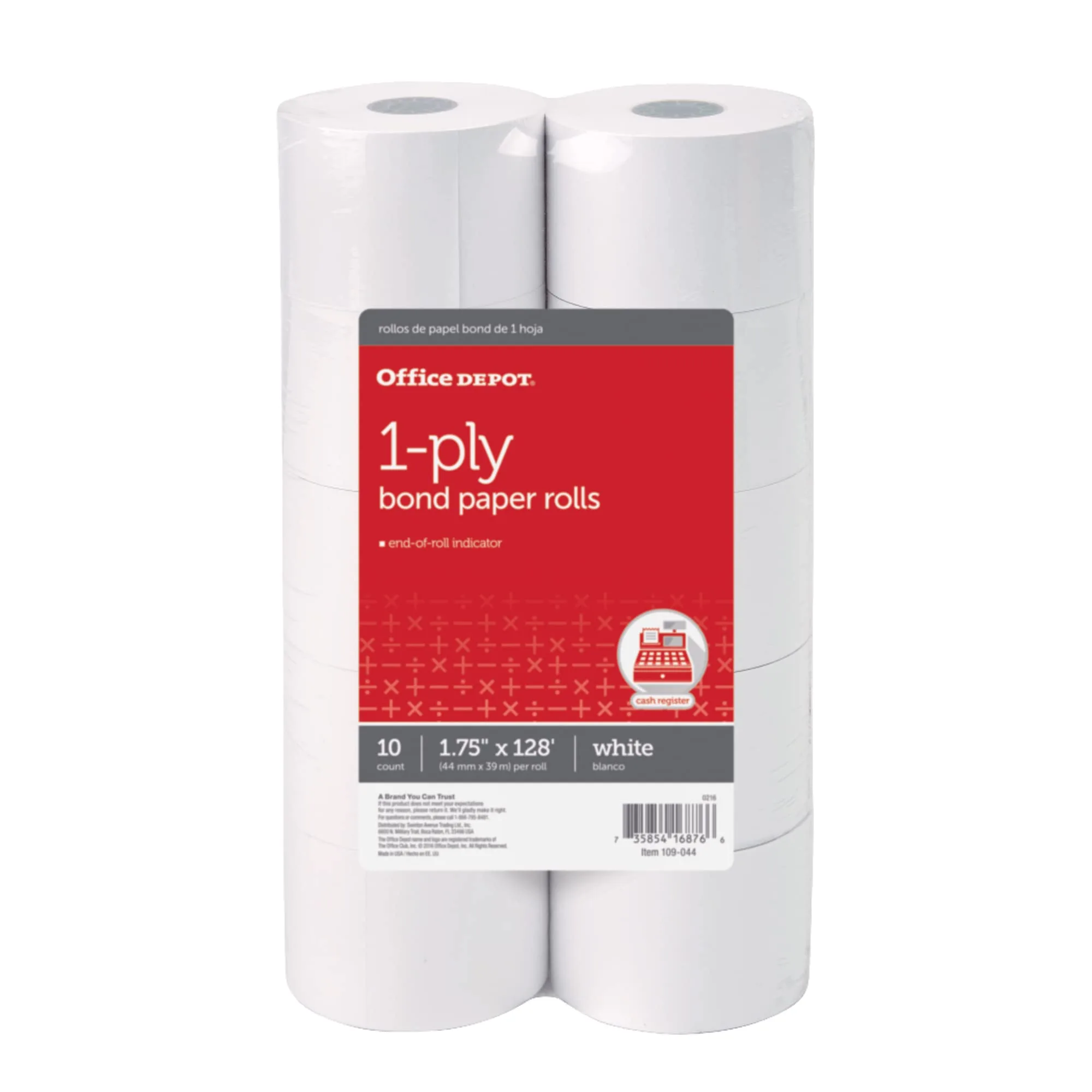 Office Depot 1-Ply Bond Paper Rolls, 1-3/4 in x 128 ft, White, Pack of 10