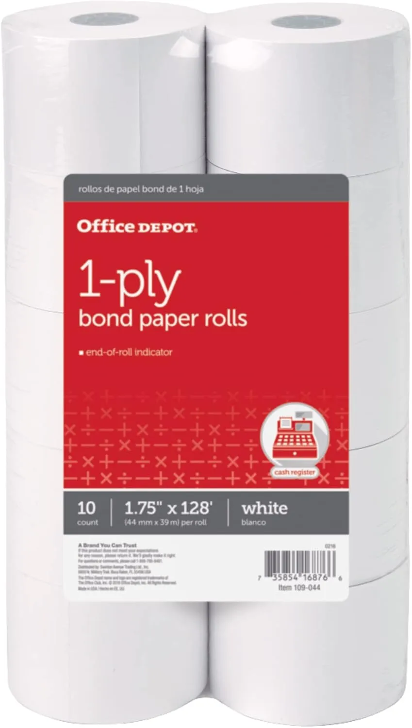 Office Depot 1-Ply Bond Paper Rolls, 1-3/4 in x 128 ft, White, Pack of 10